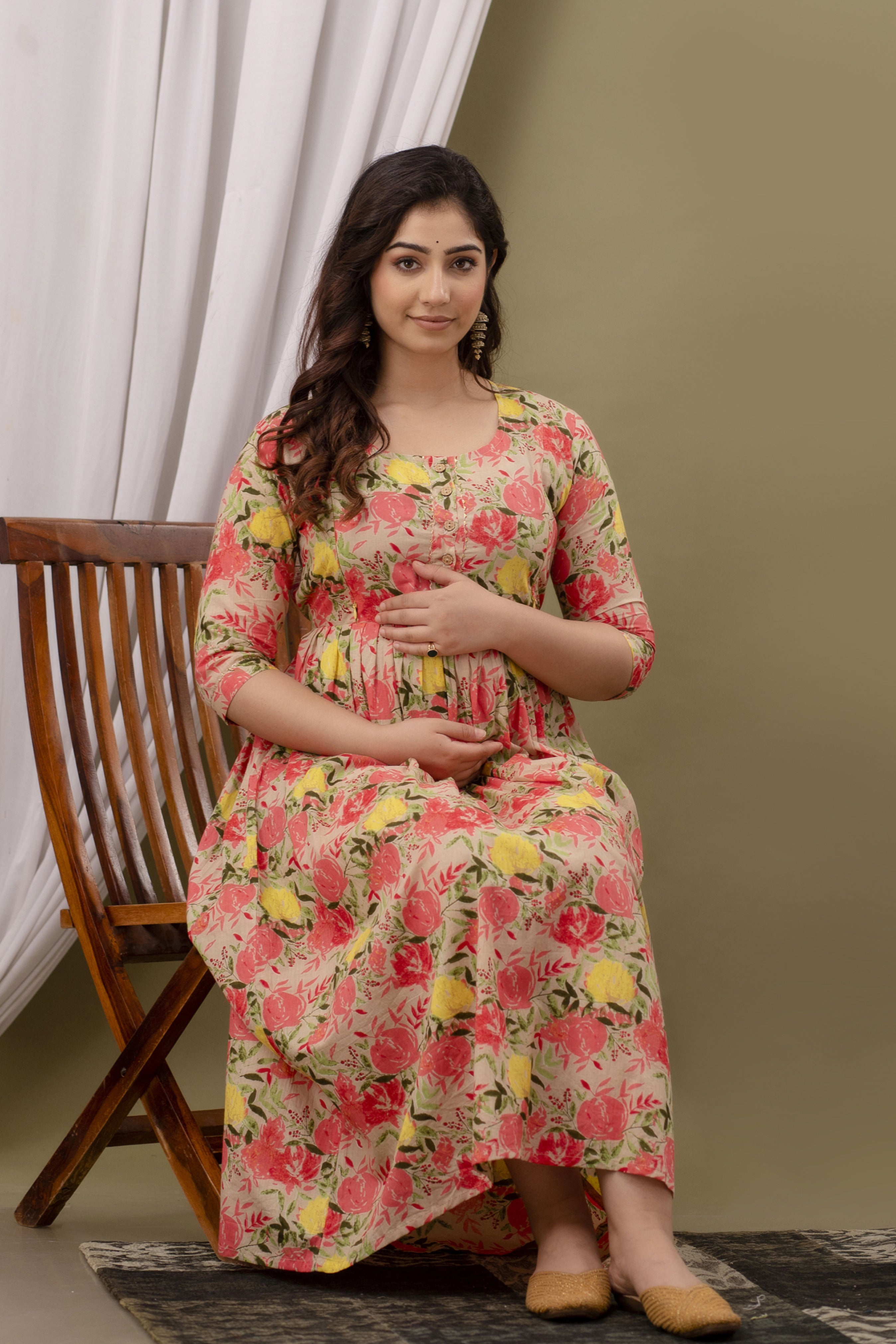 Beige Printed Pure Rayon Cotton Maternity and Feeding Kurta