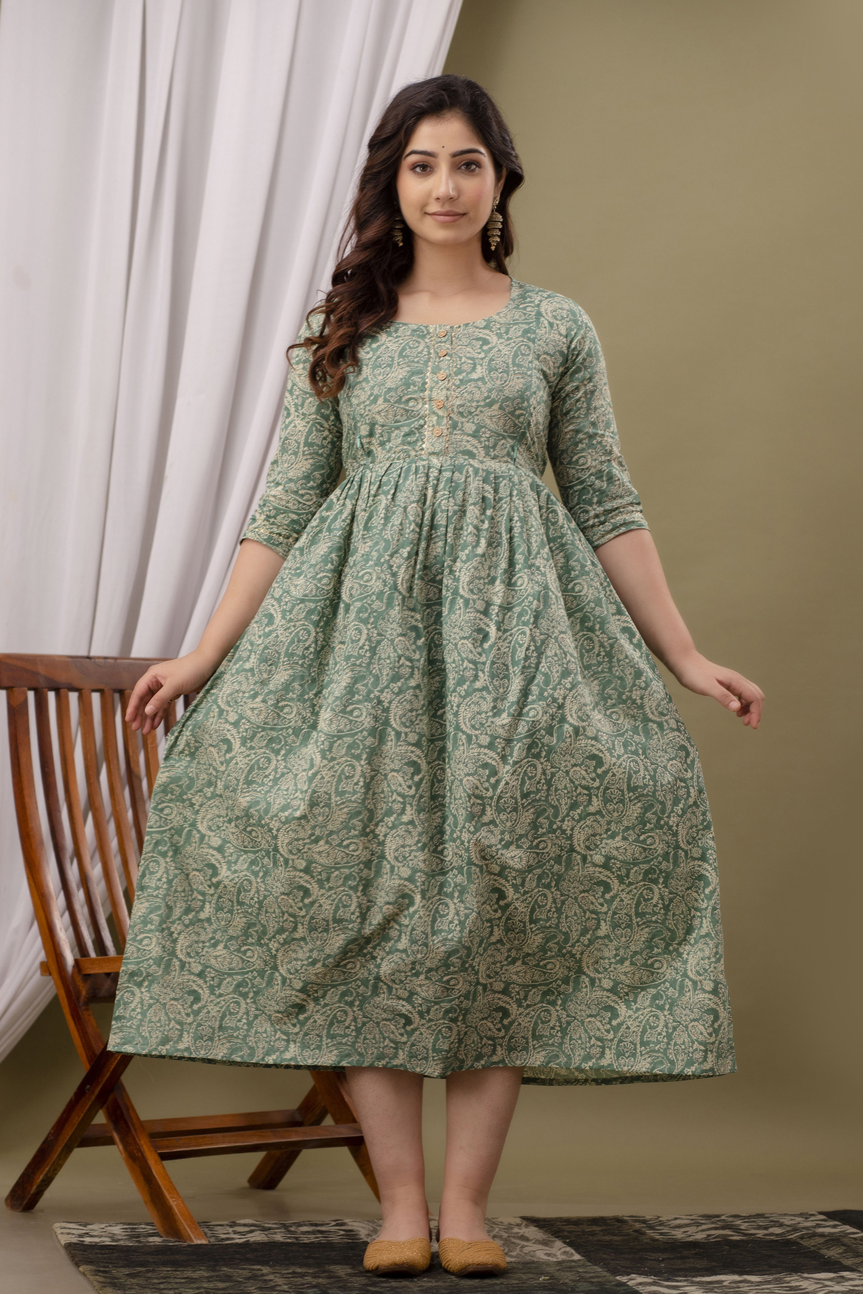 Sage Green Printed Pure Rayon Cotton Maternity and Feeding Kurta