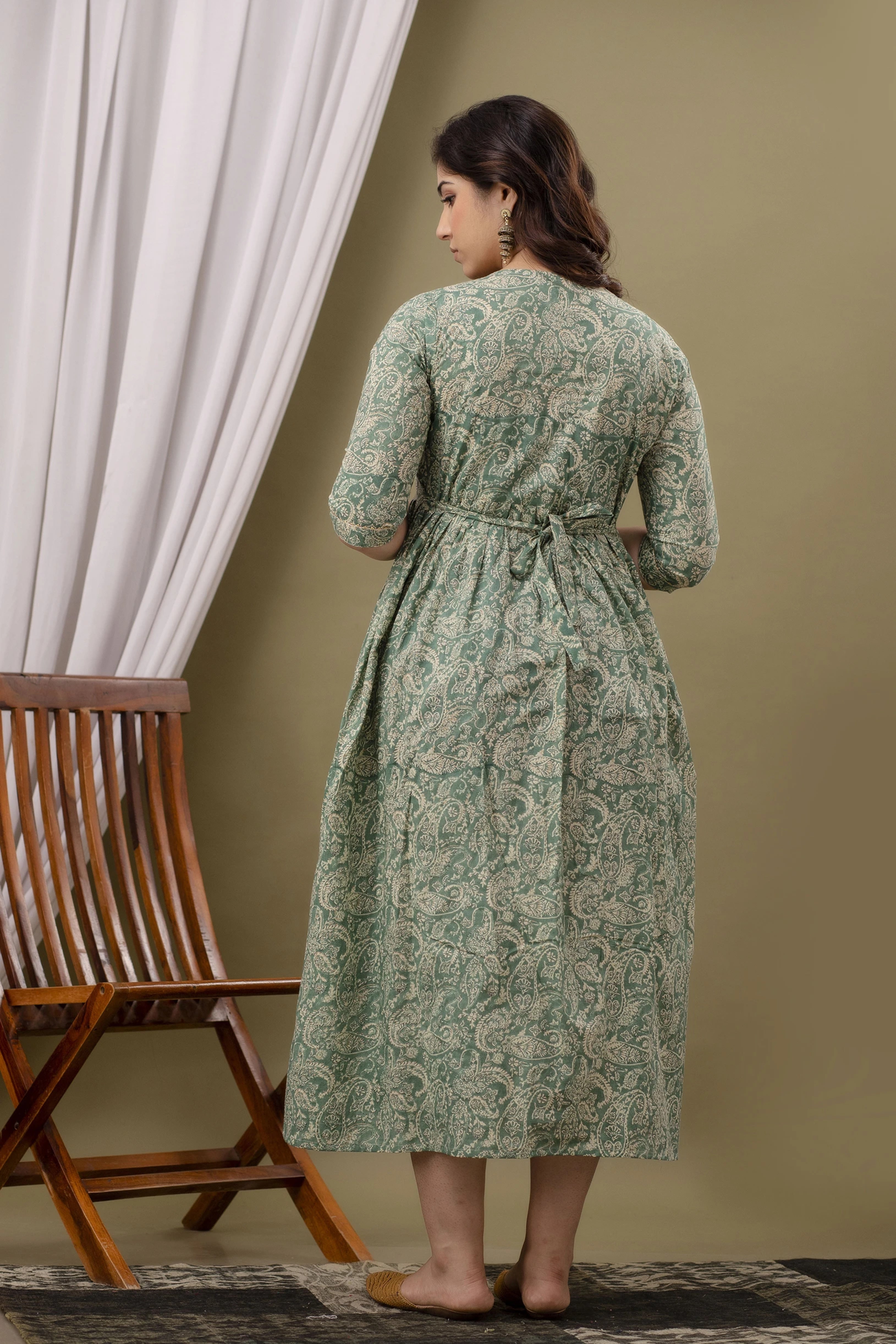 Sage Green Printed Pure Rayon Cotton Maternity and Feeding Kurta