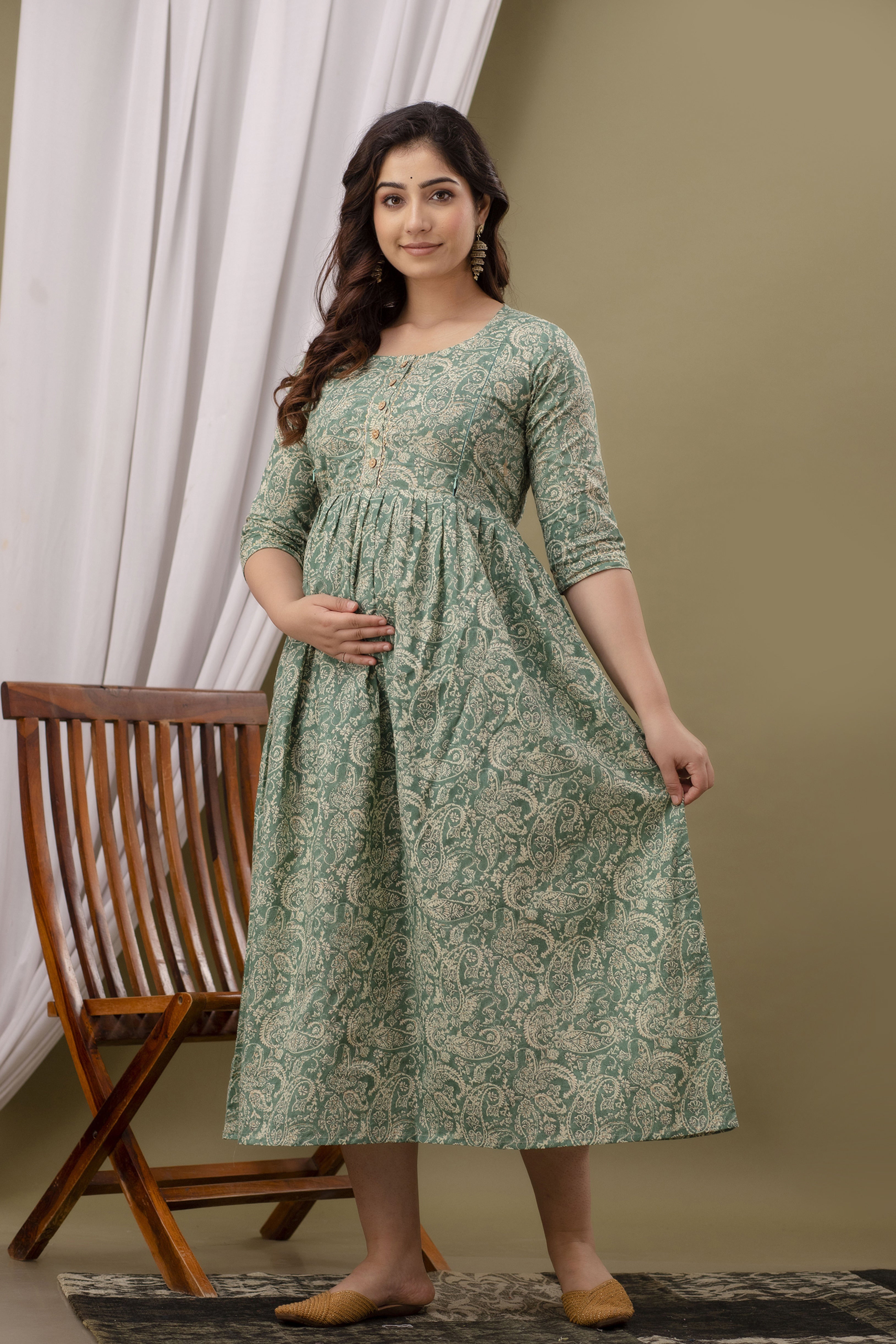 Sage Green Printed Pure Rayon Cotton Maternity and Feeding Kurta
