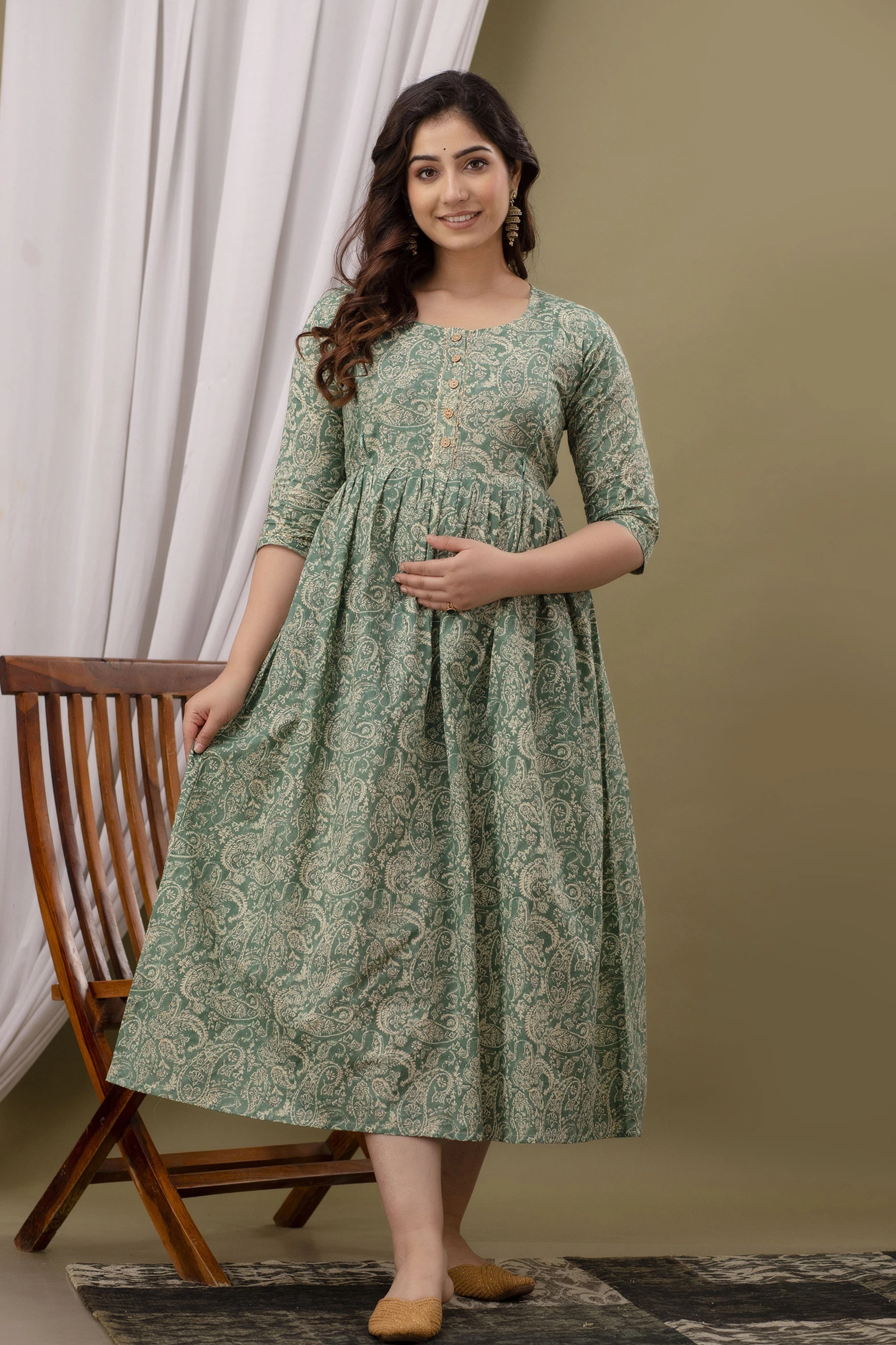Sage Green Printed Pure Rayon Cotton Maternity and Feeding Kurta