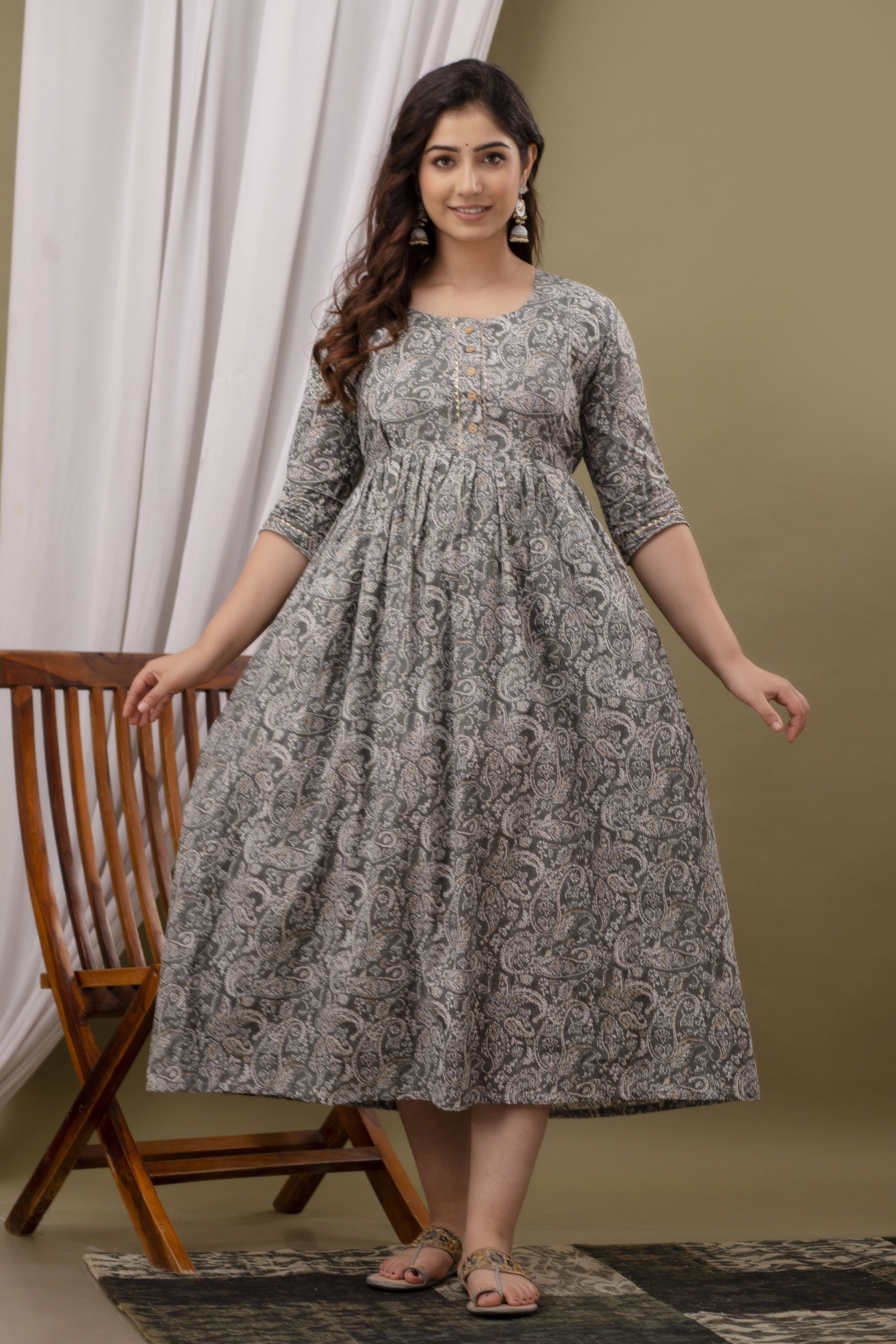 Grey Printed Pure Rayon Cotton Maternity and Feeding Kurta
