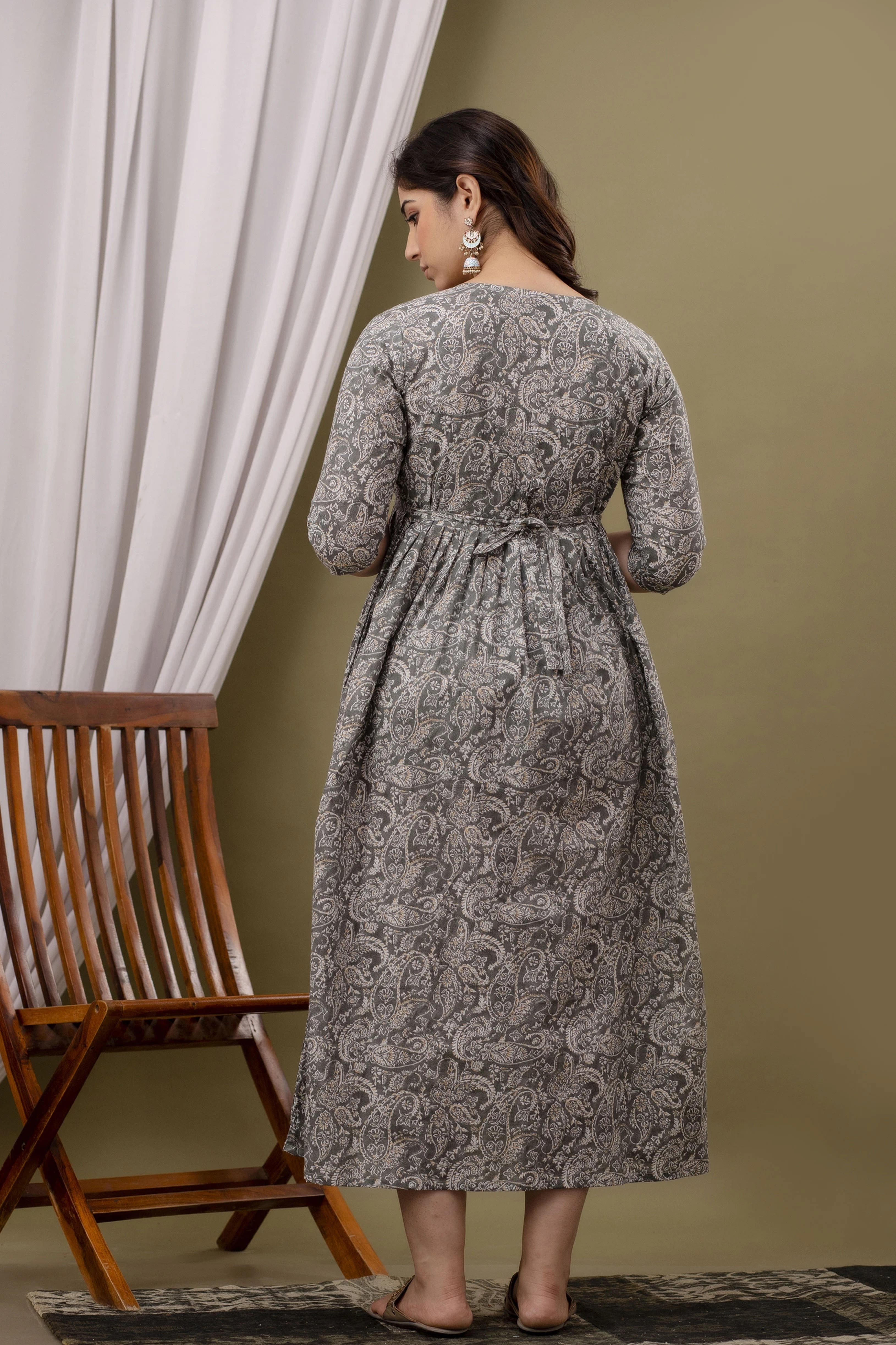 Grey Printed Pure Rayon Cotton Maternity and Feeding Kurta