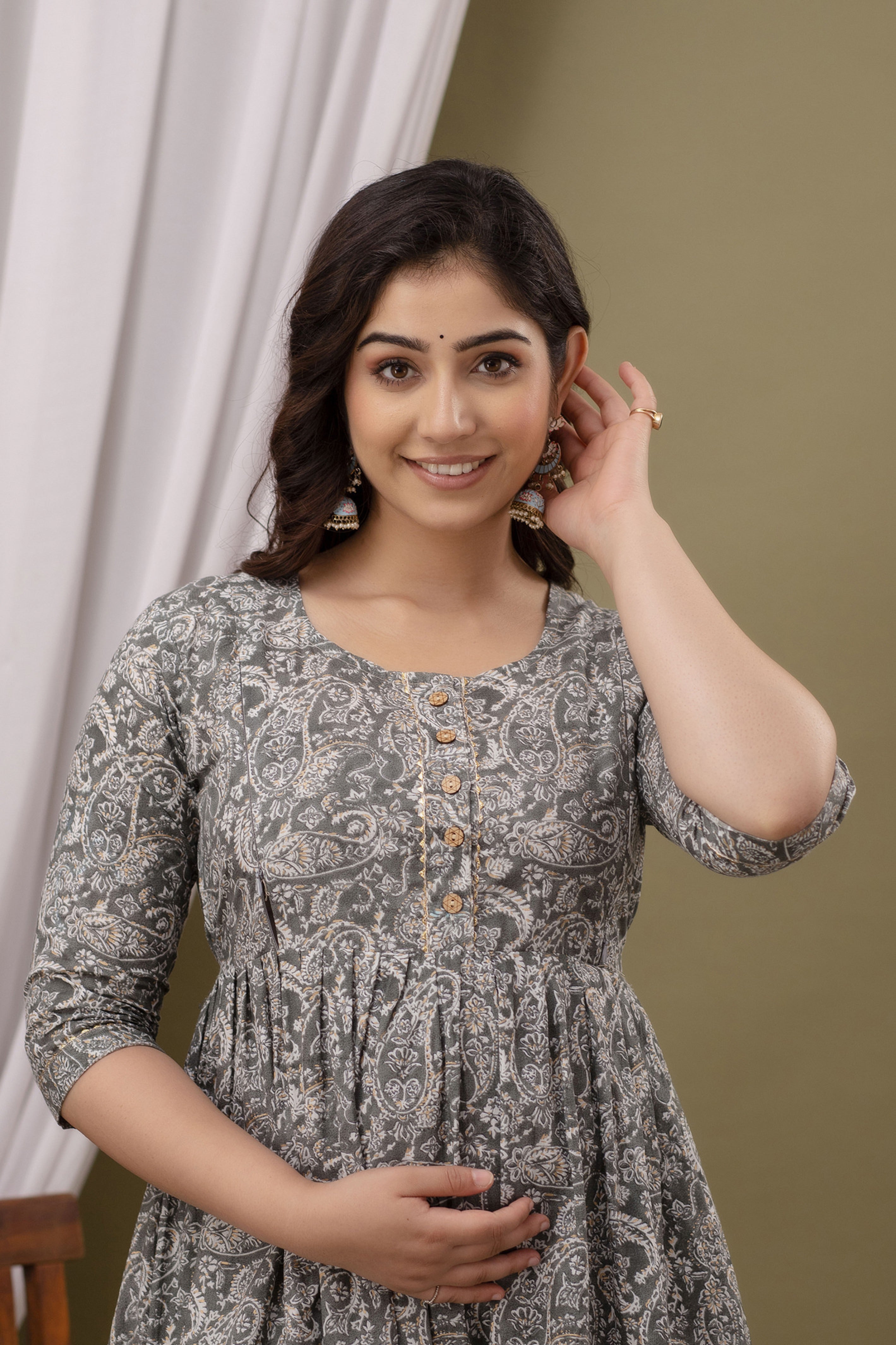 Grey Printed Pure Rayon Cotton Maternity and Feeding Kurta