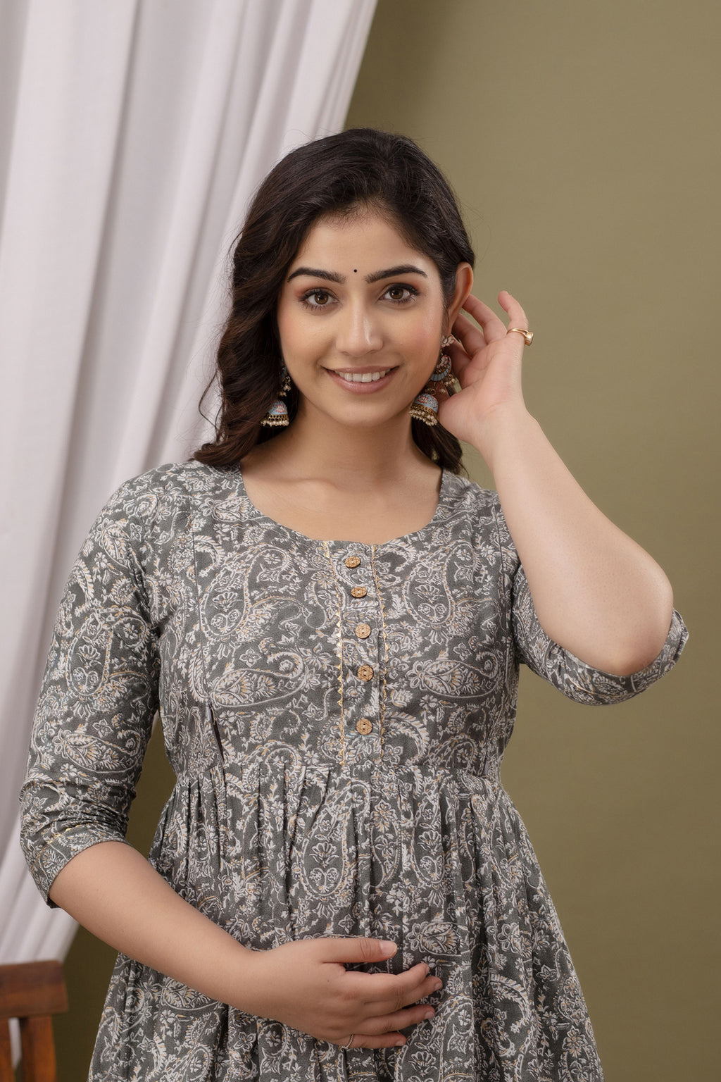 Beige Printed Pure Rayon Cotton Mateniry And Feeding Kurta