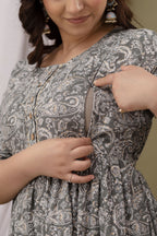 Beige Printed Pure Rayon Cotton Mateniry And Feeding Kurta
