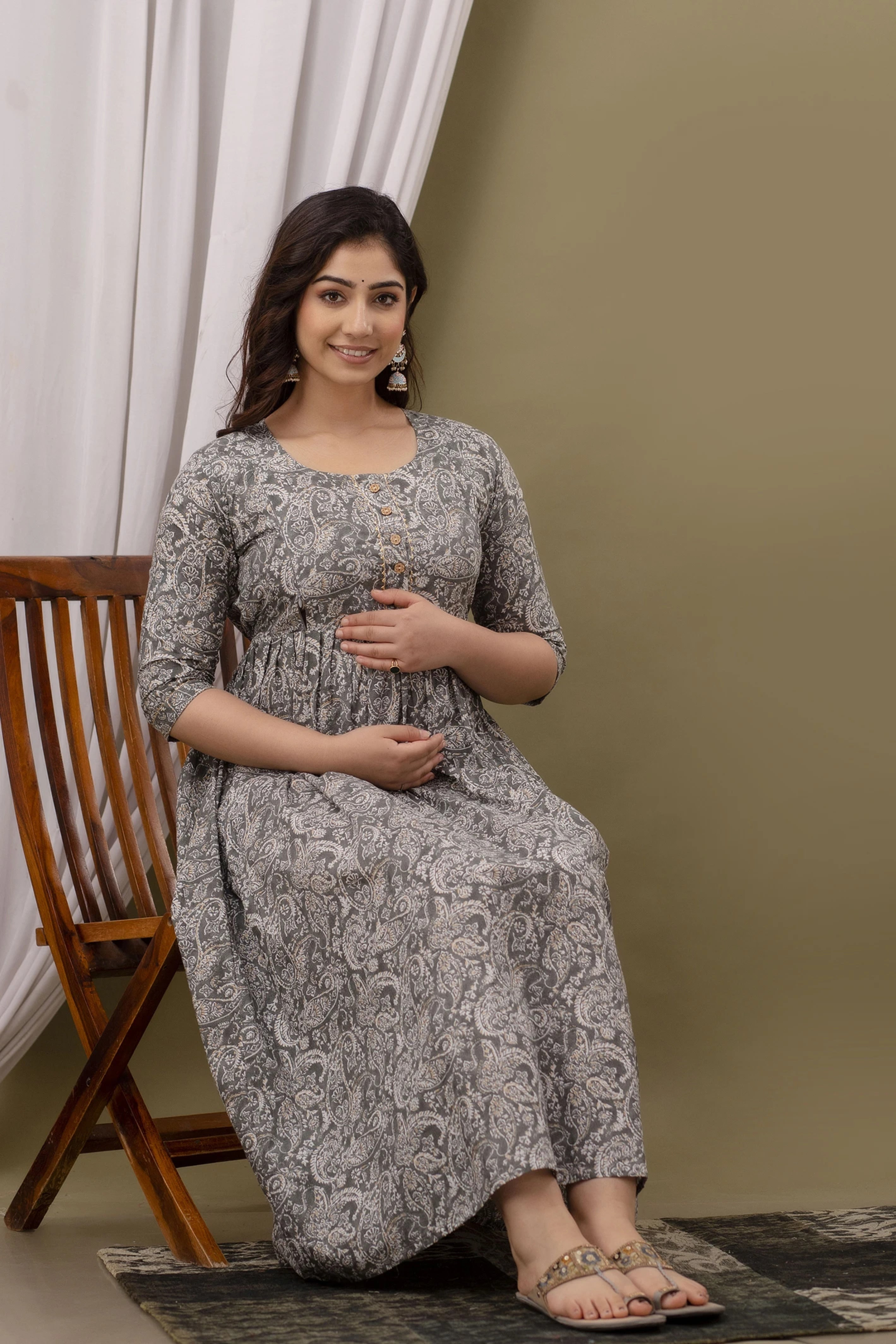 Grey Printed Pure Rayon Cotton Maternity and Feeding Kurta