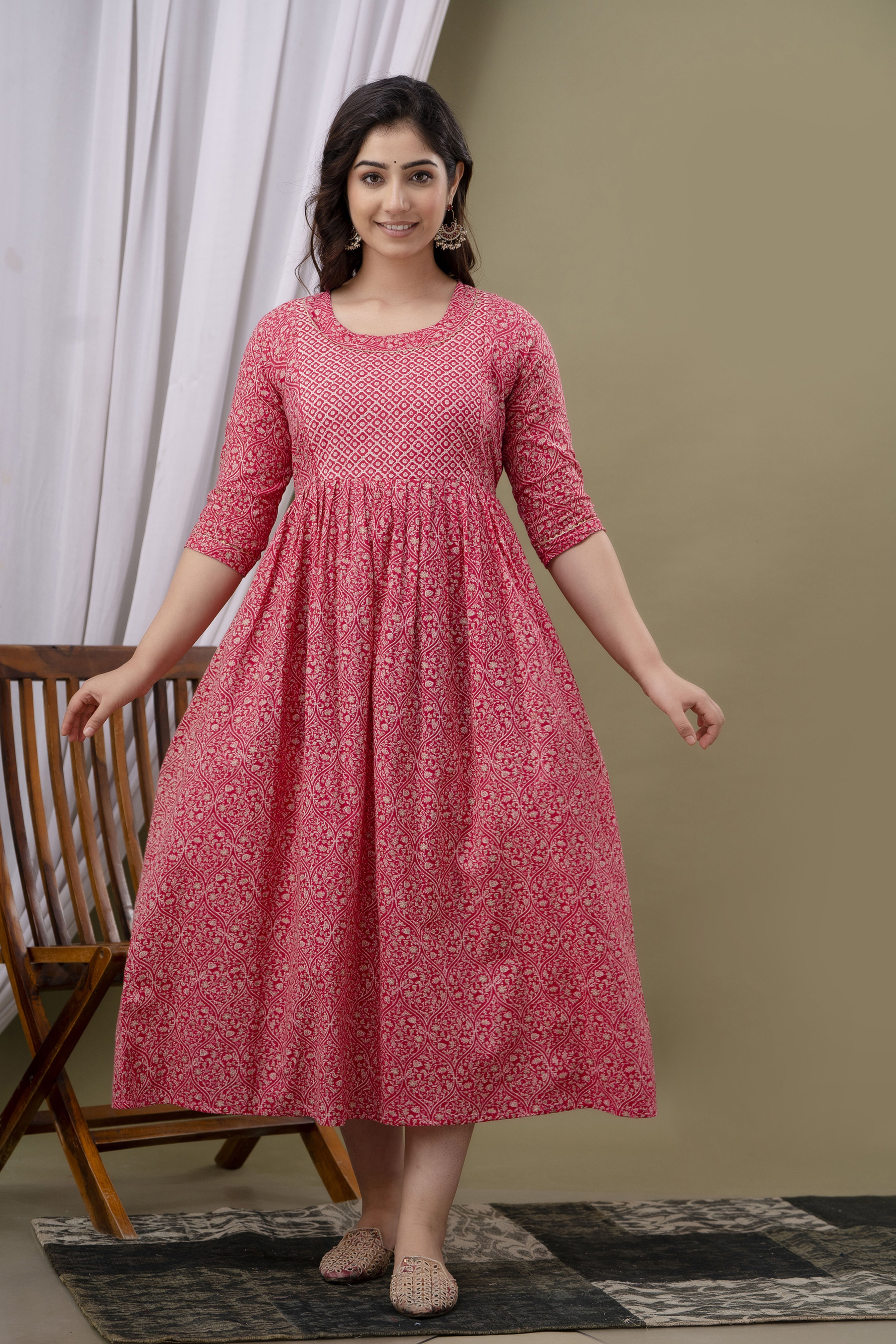 Rose Pink Printed Pure Rayon Cotton Maternity and Feeding Kurta