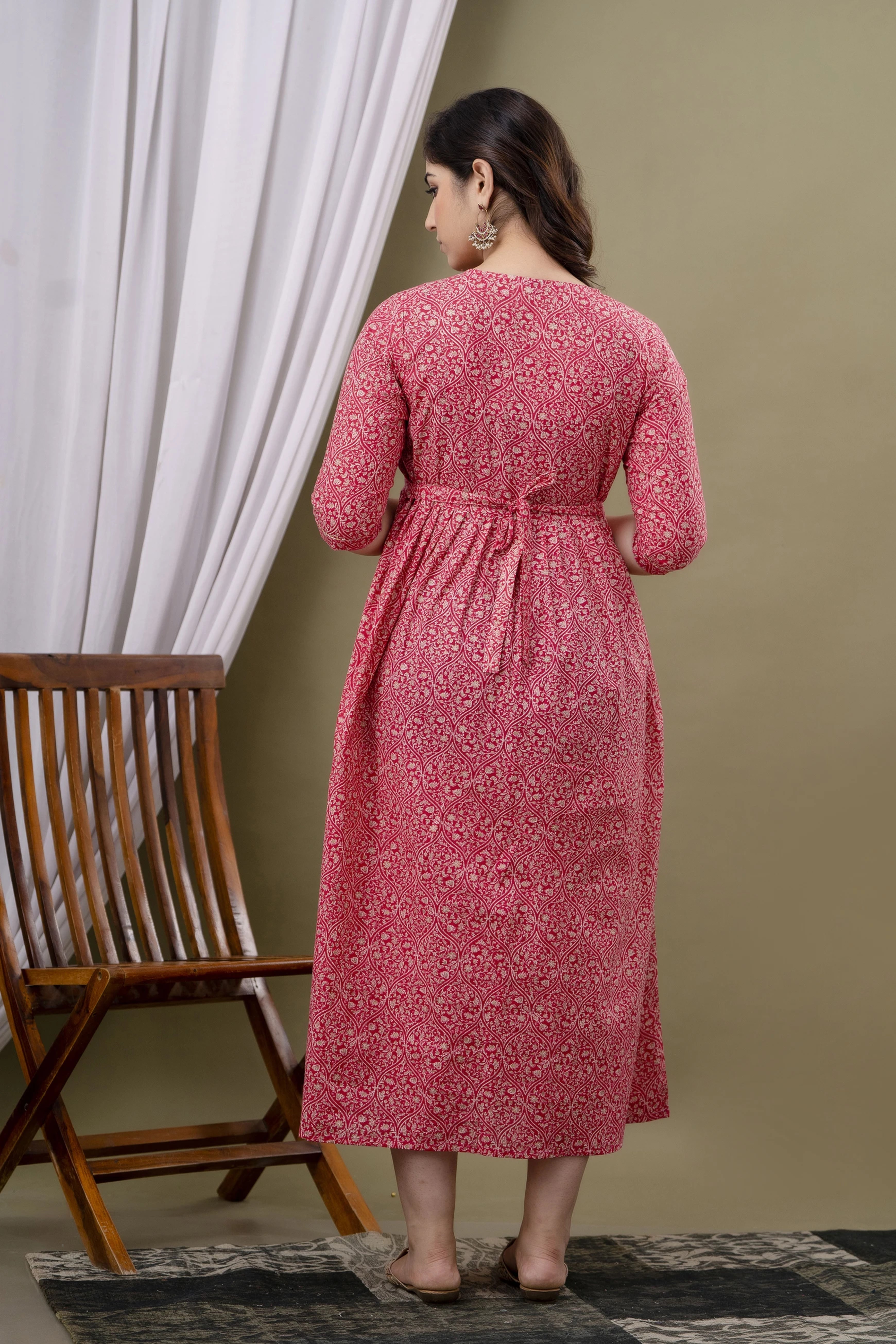 Rose Pink Printed Pure Rayon Cotton Maternity and Feeding Kurta