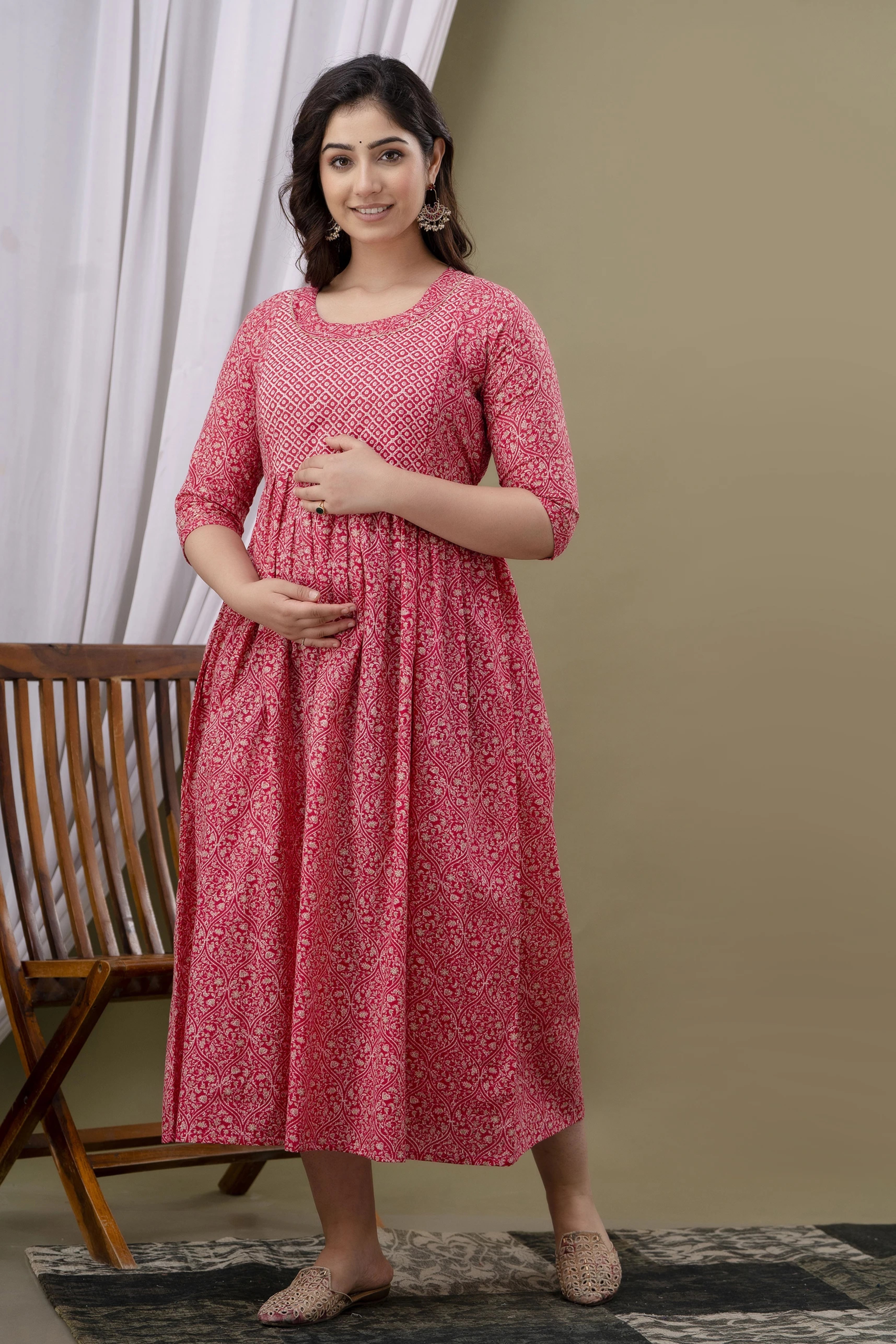 Rose Pink Printed Pure Rayon Cotton Maternity and Feeding Kurta