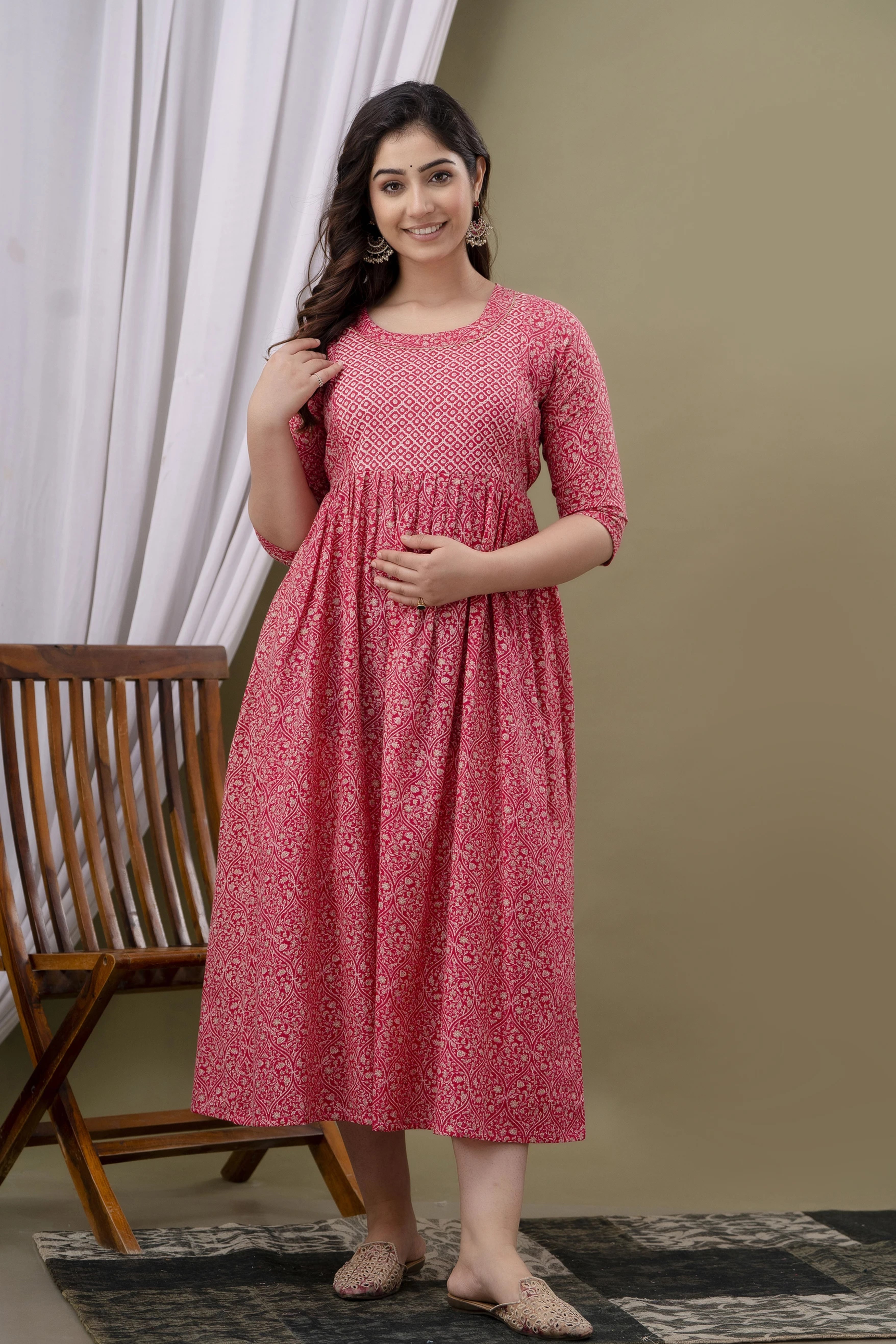 Rose Pink Printed Pure Rayon Cotton Maternity and Feeding Kurta