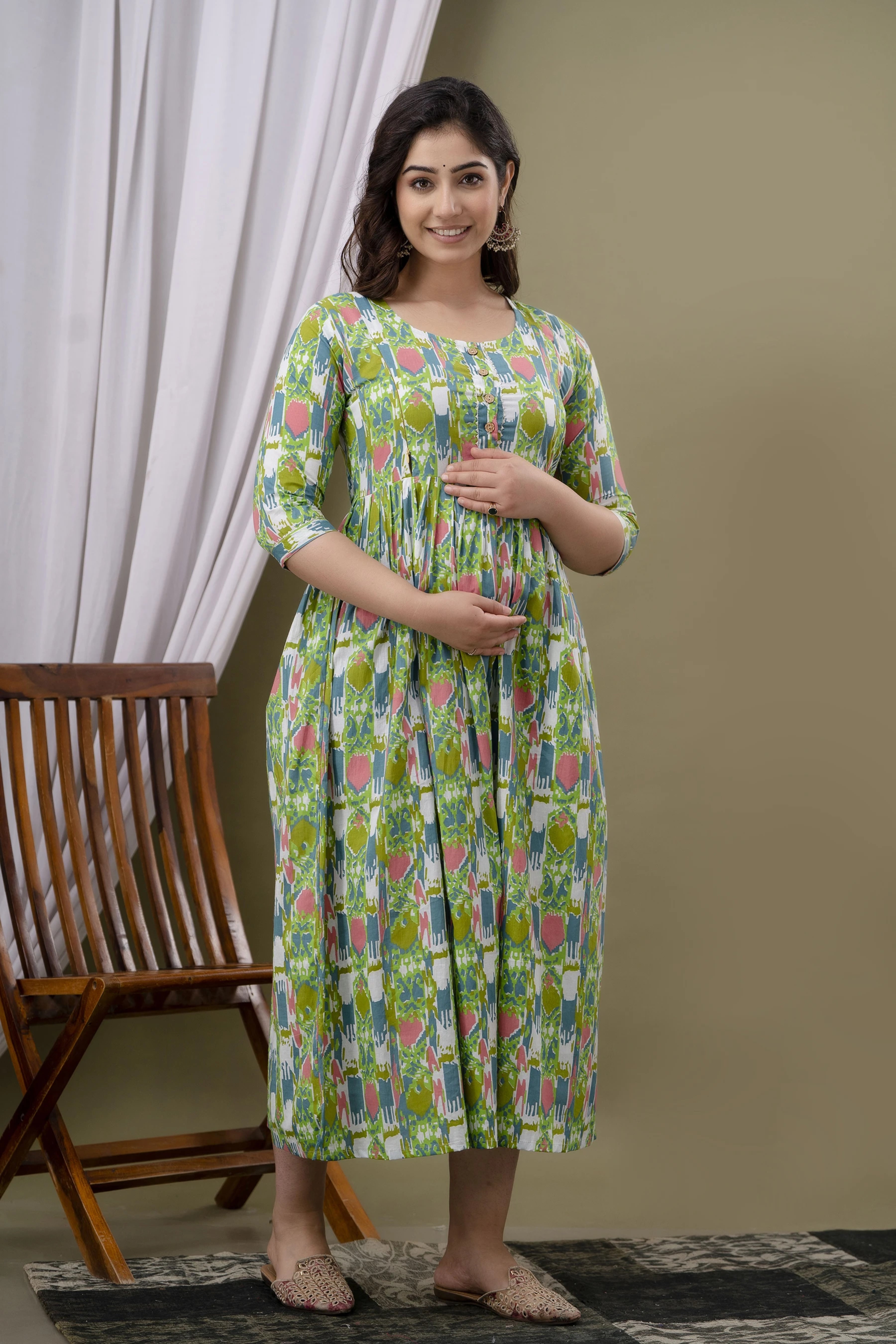 Light Green Printed Pure Rayon Cotton Maternity and Feeding Kurta