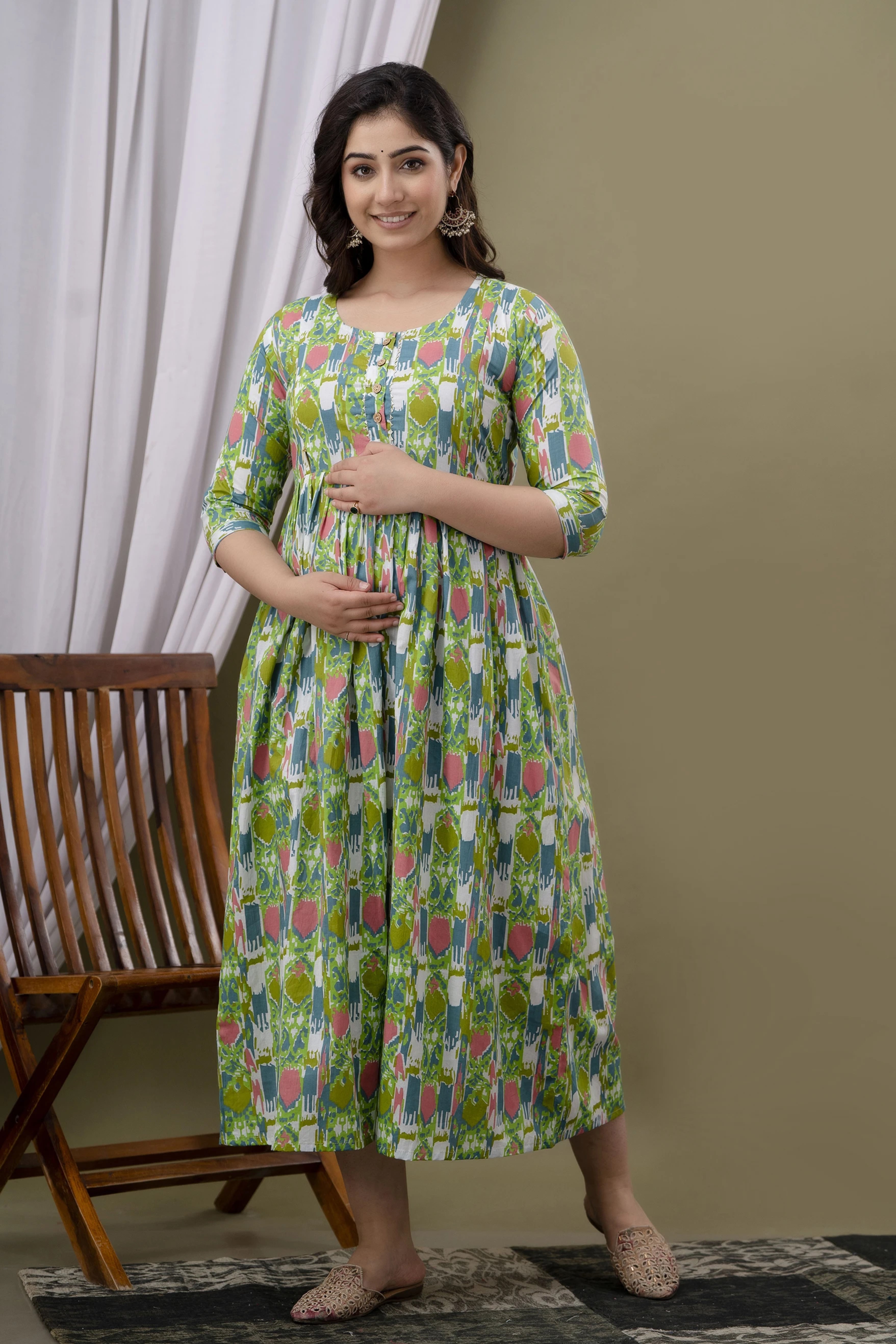 Light Green Printed Pure Rayon Cotton Maternity and Feeding Kurta