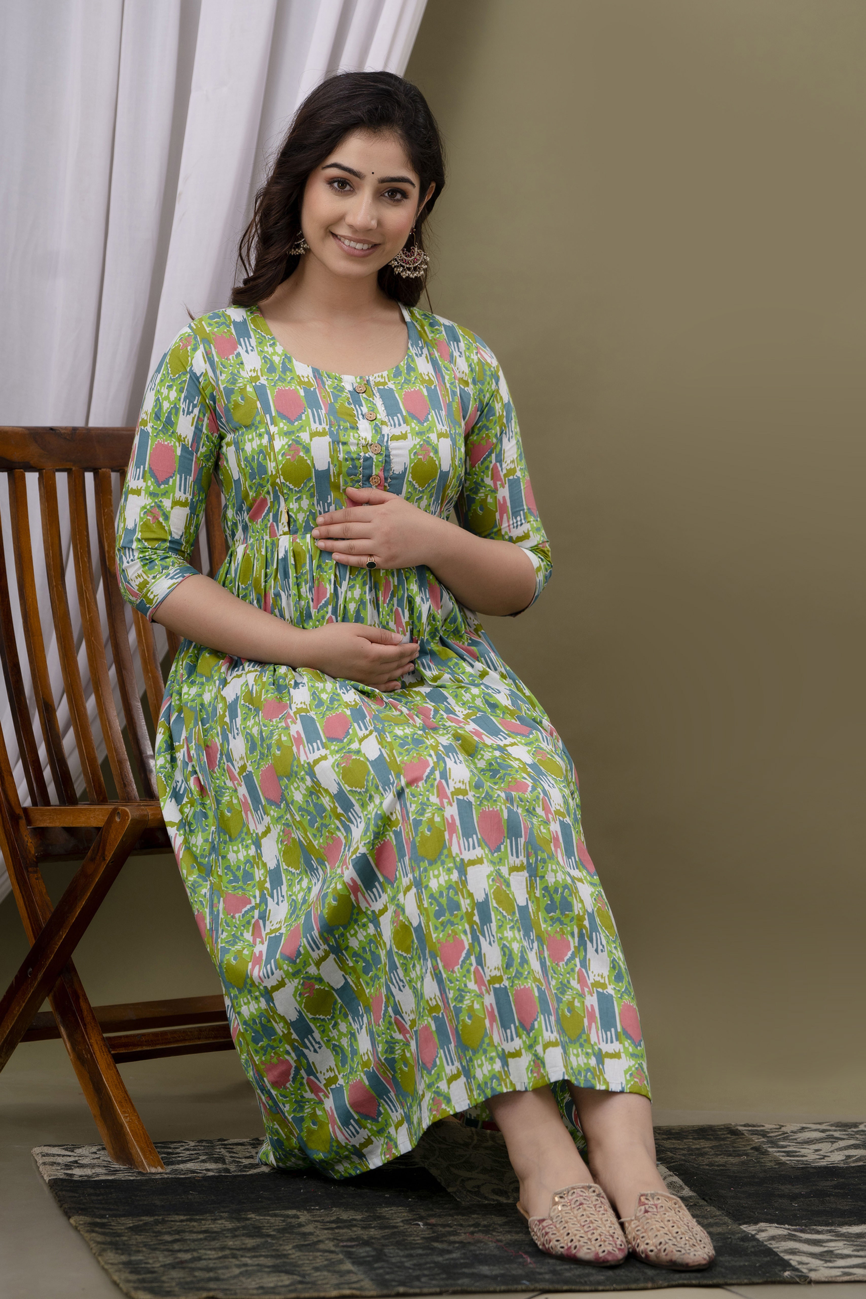 Light Green Printed Pure Rayon Cotton Maternity and Feeding Kurta