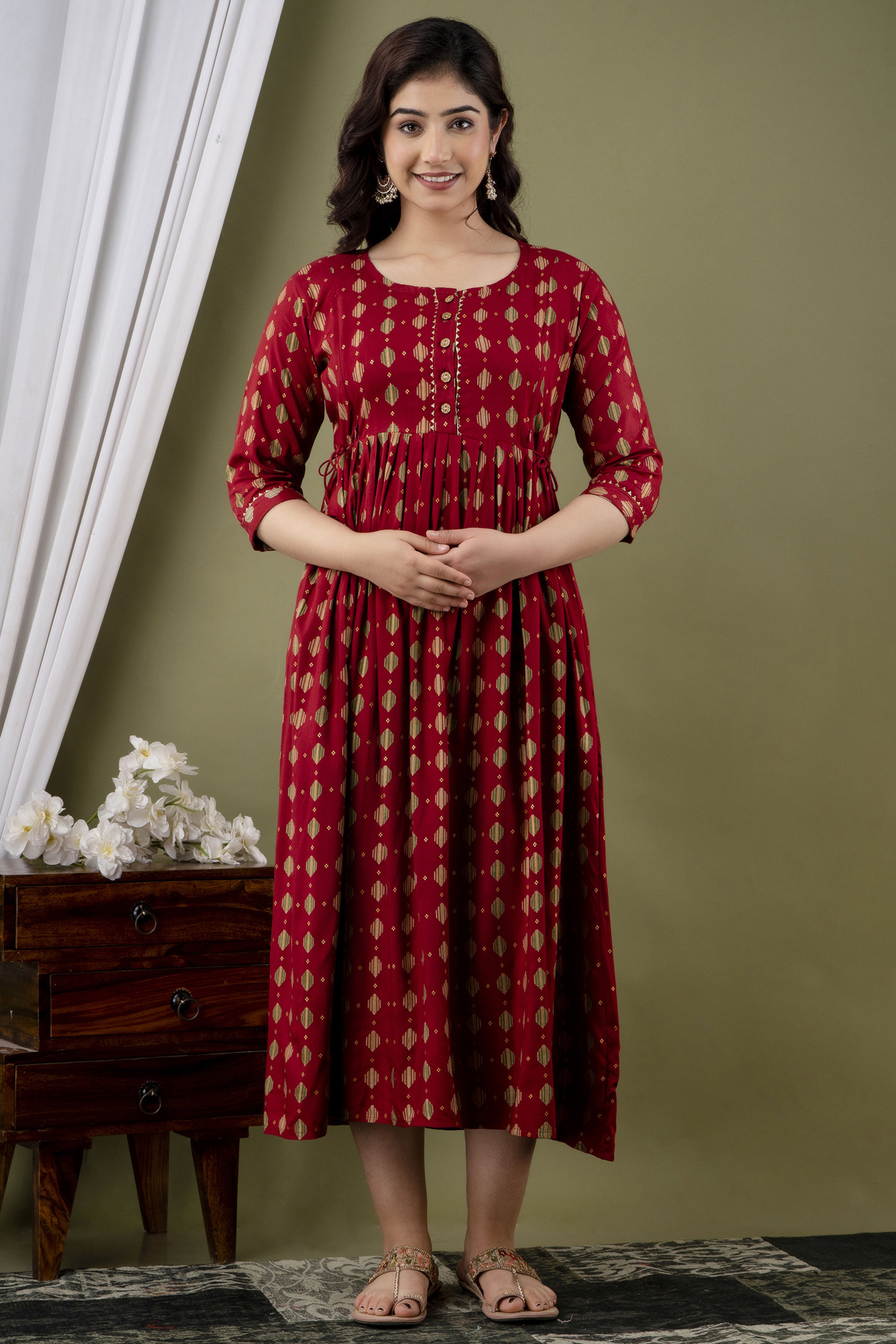 Maroon Printed Pure Rayon Cotton Maternity and Feeding Kurta