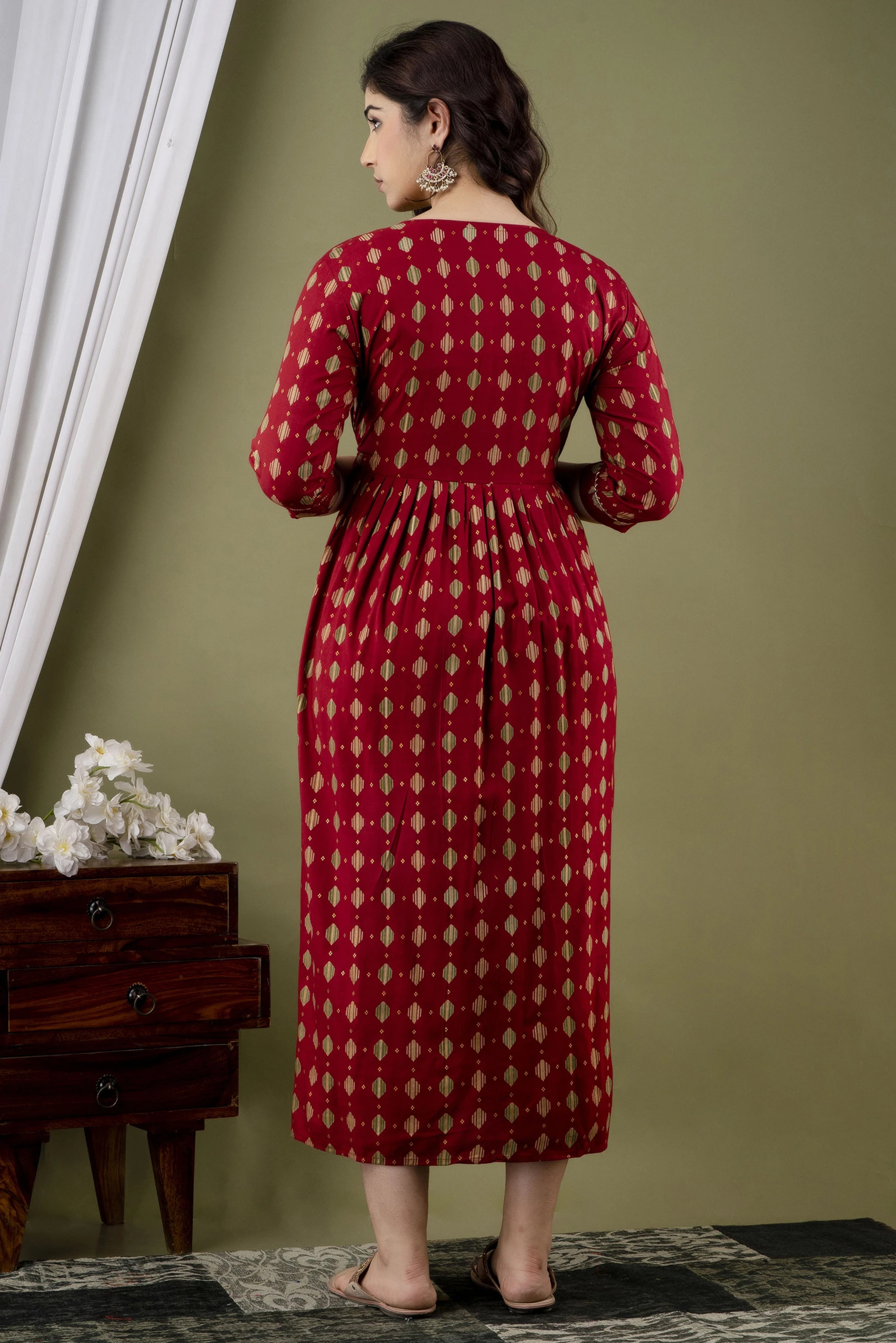 Maroon Printed Pure Rayon Cotton Maternity and Feeding Kurta