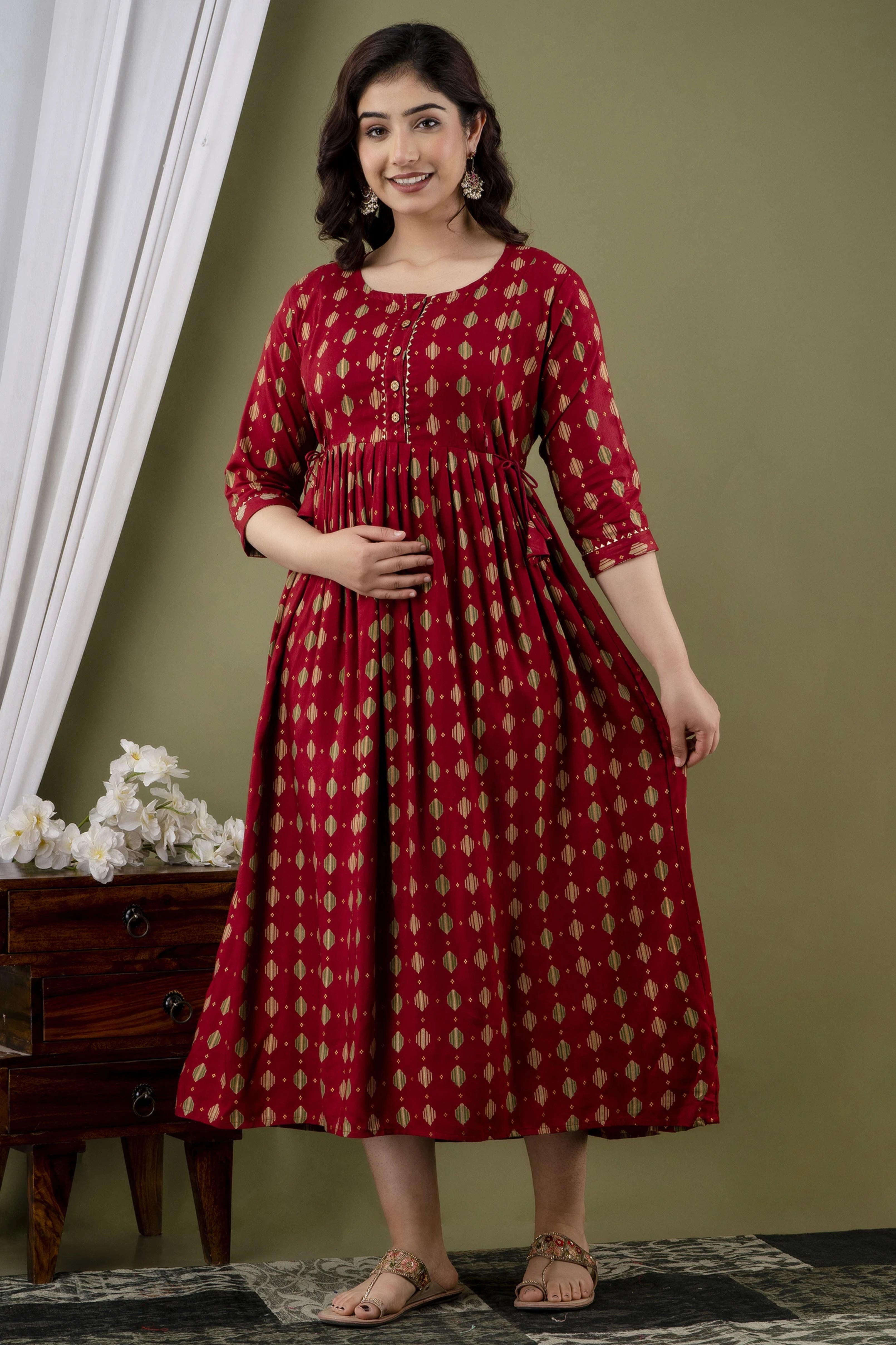 Maroon Printed Pure Rayon Cotton Maternity and Feeding Kurta