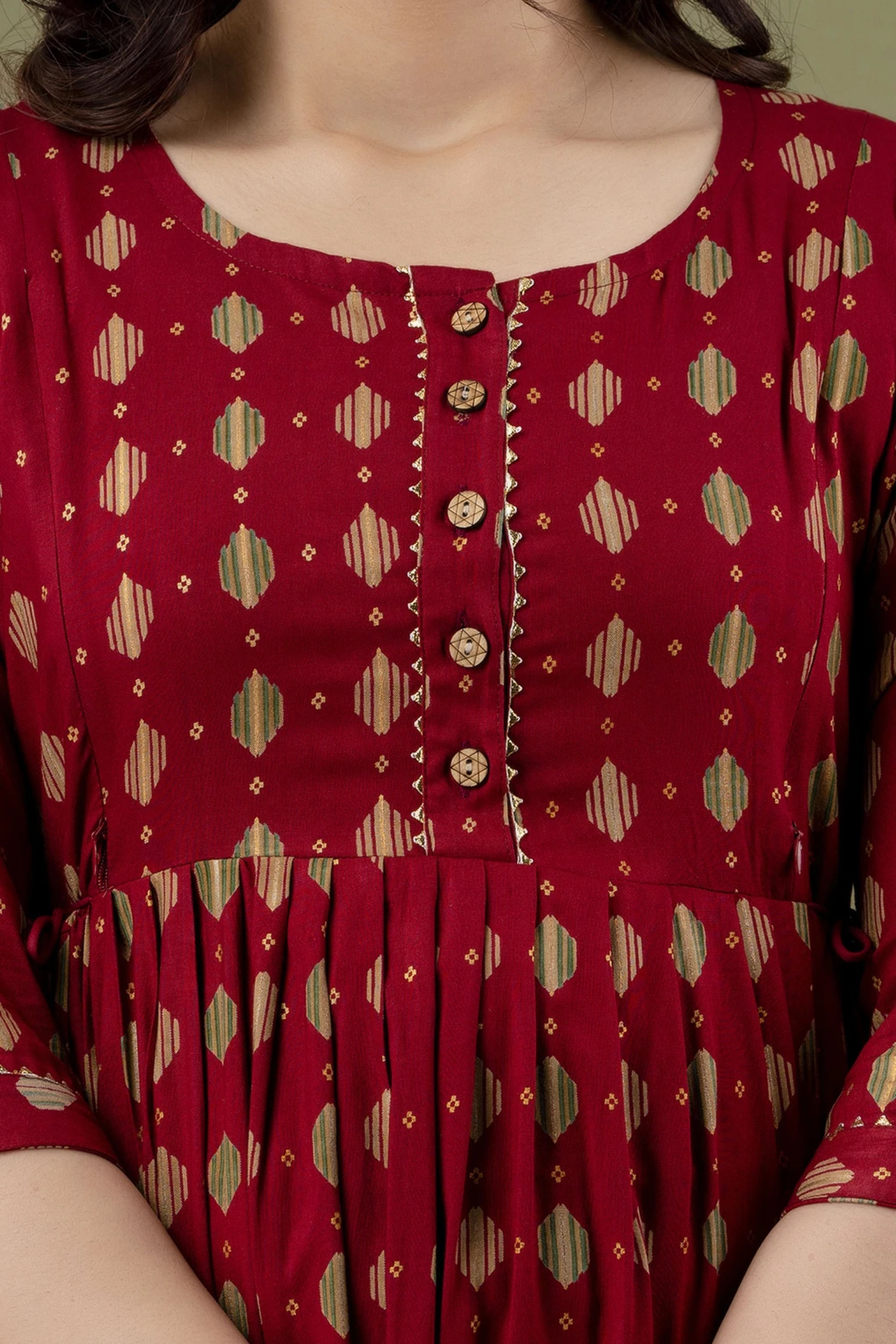 Maroon Printed Pure Rayon Cotton Maternity and Feeding Kurta