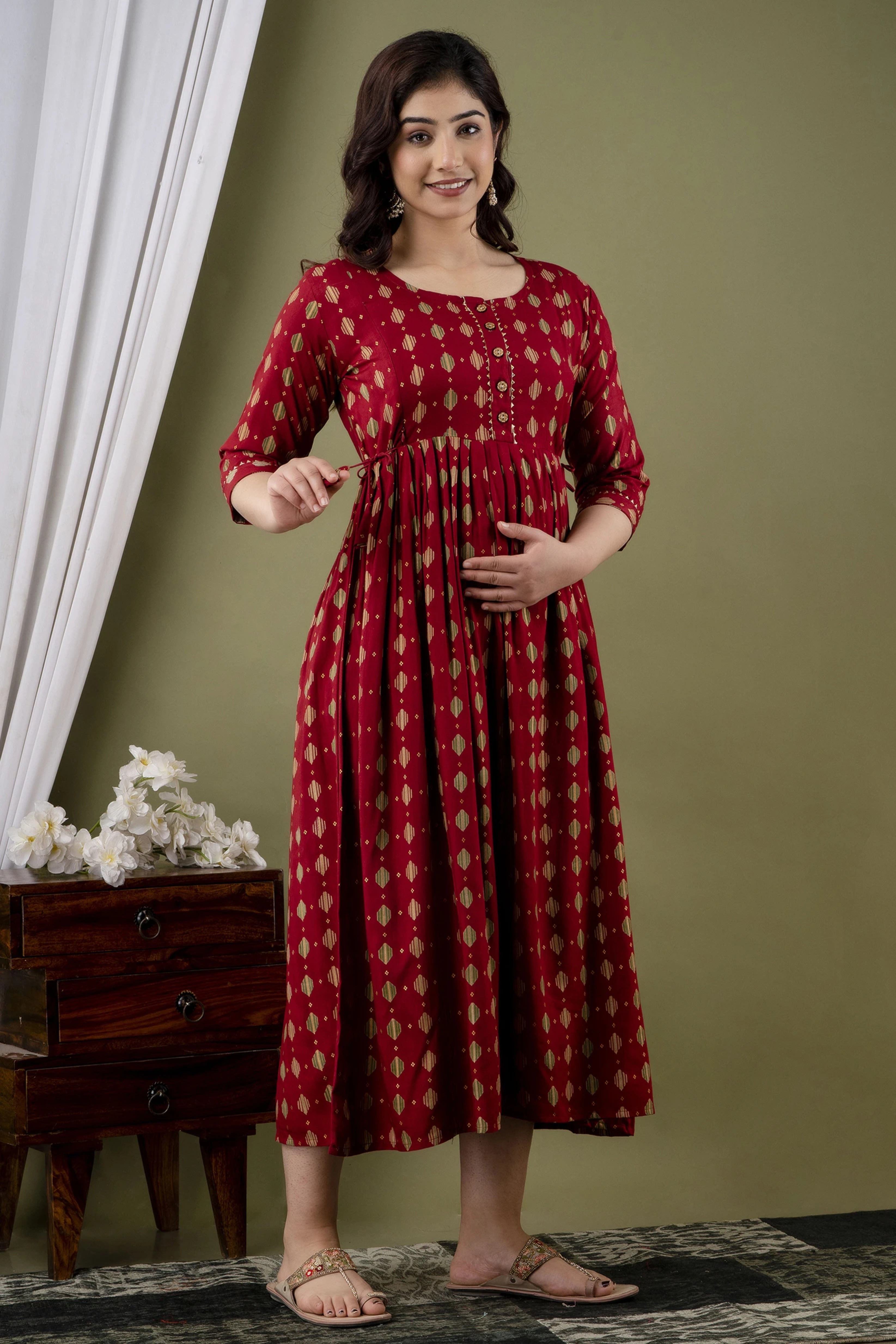 Maroon Printed Pure Rayon Cotton Maternity and Feeding Kurta