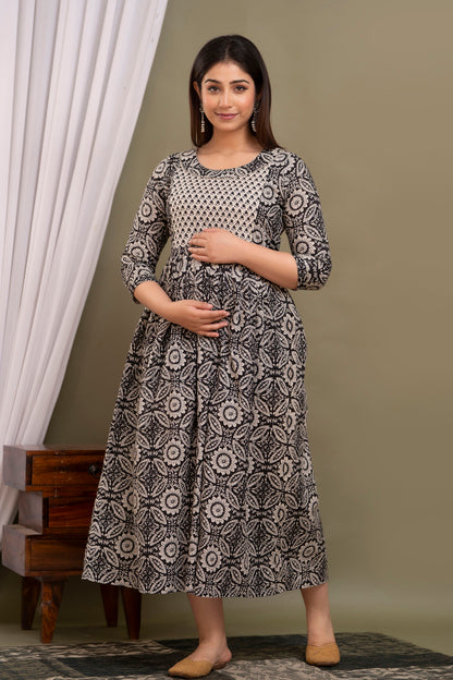 Black Printed Pure Rayon Cotton Maternity and Feeding Kurta