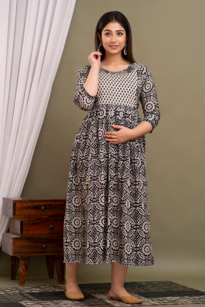 Black Printed Pure Rayon Cotton Maternity and Feeding Kurta