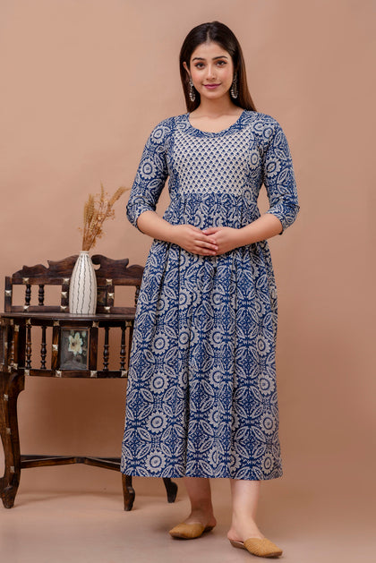 Navy Blue Whte Floral Printed Pure Rayon Cotton Maternity and Feeding Kurta