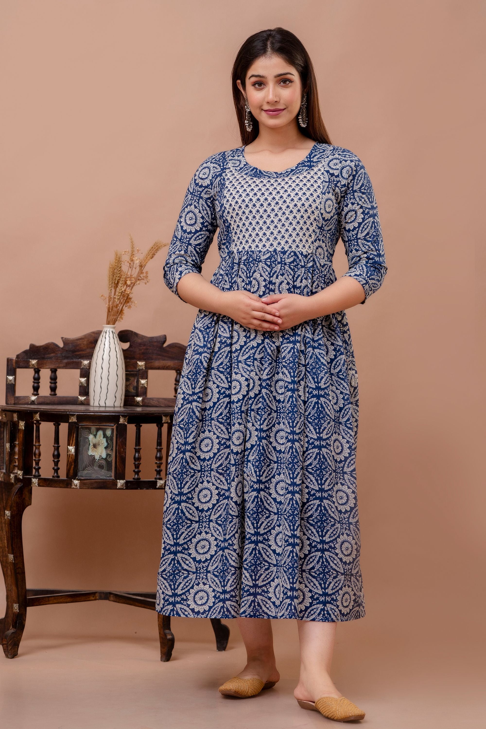 Aqua Blue Printed Pure Rayon Mateniry And Feeding Kurta