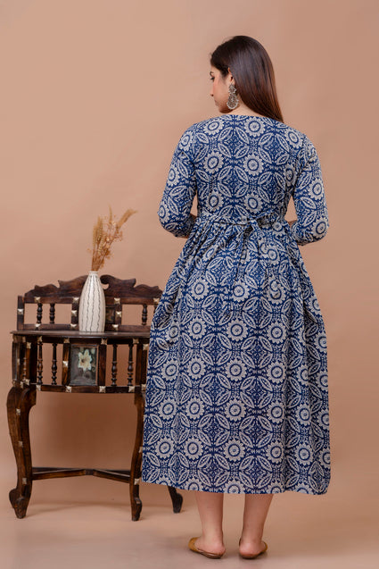 Navy Blue Whte Floral Printed Pure Rayon Cotton Maternity and Feeding Kurta