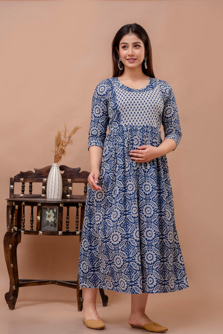 Navy Blue Whte Floral Printed Pure Rayon Cotton Maternity and Feeding Kurta