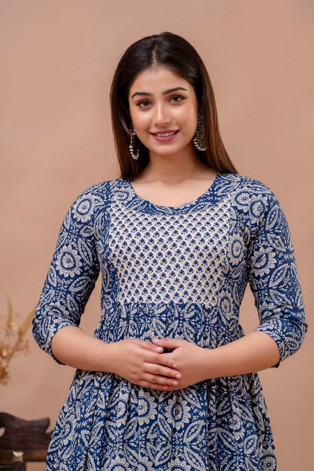 Navy Blue Whte Floral Printed Pure Rayon Cotton Maternity and Feeding Kurta