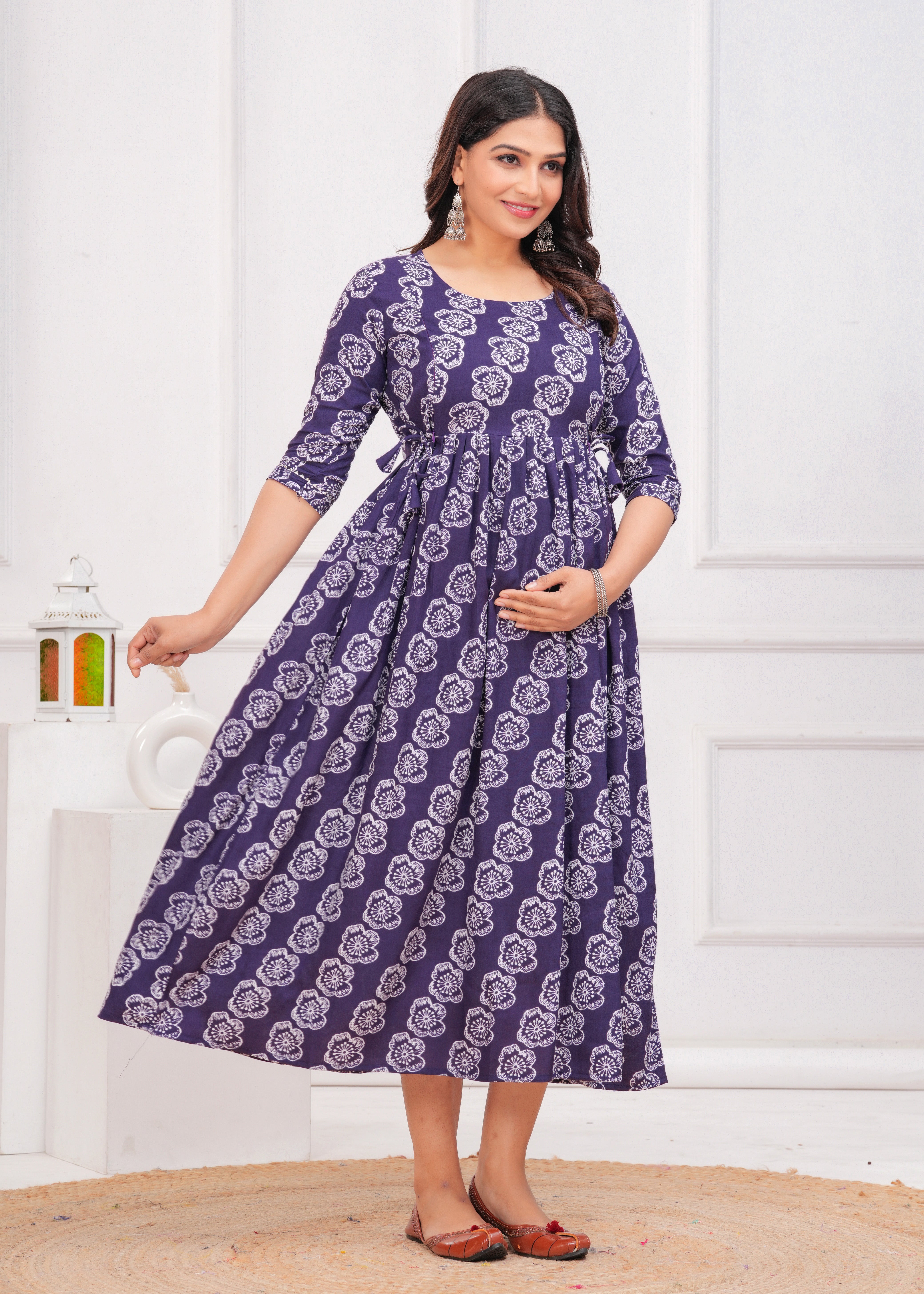 Purple Printed Pure Rayon Cotton Maternity and Feeding Kurta