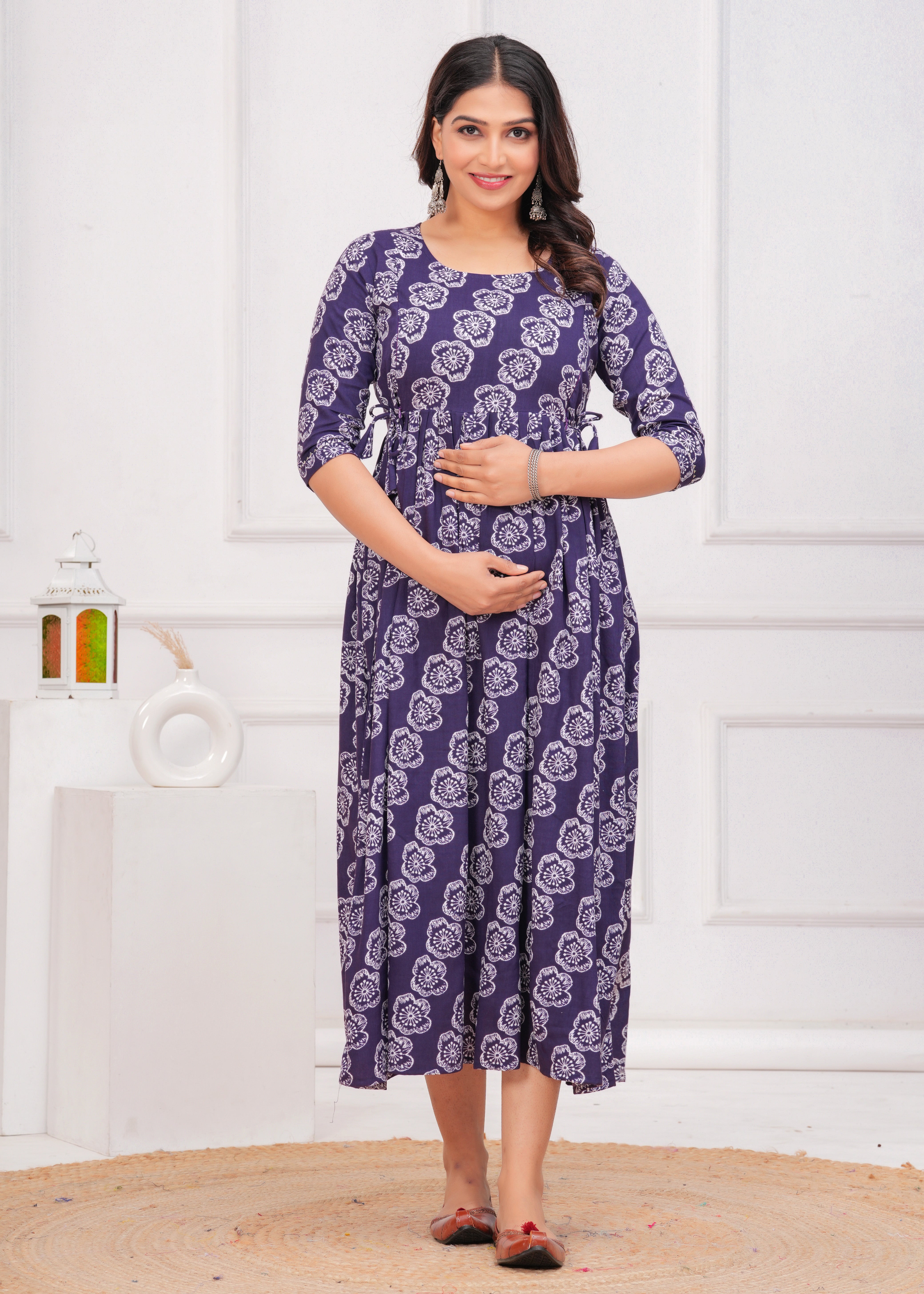 Purple Printed Pure Rayon Cotton Maternity and Feeding Kurta