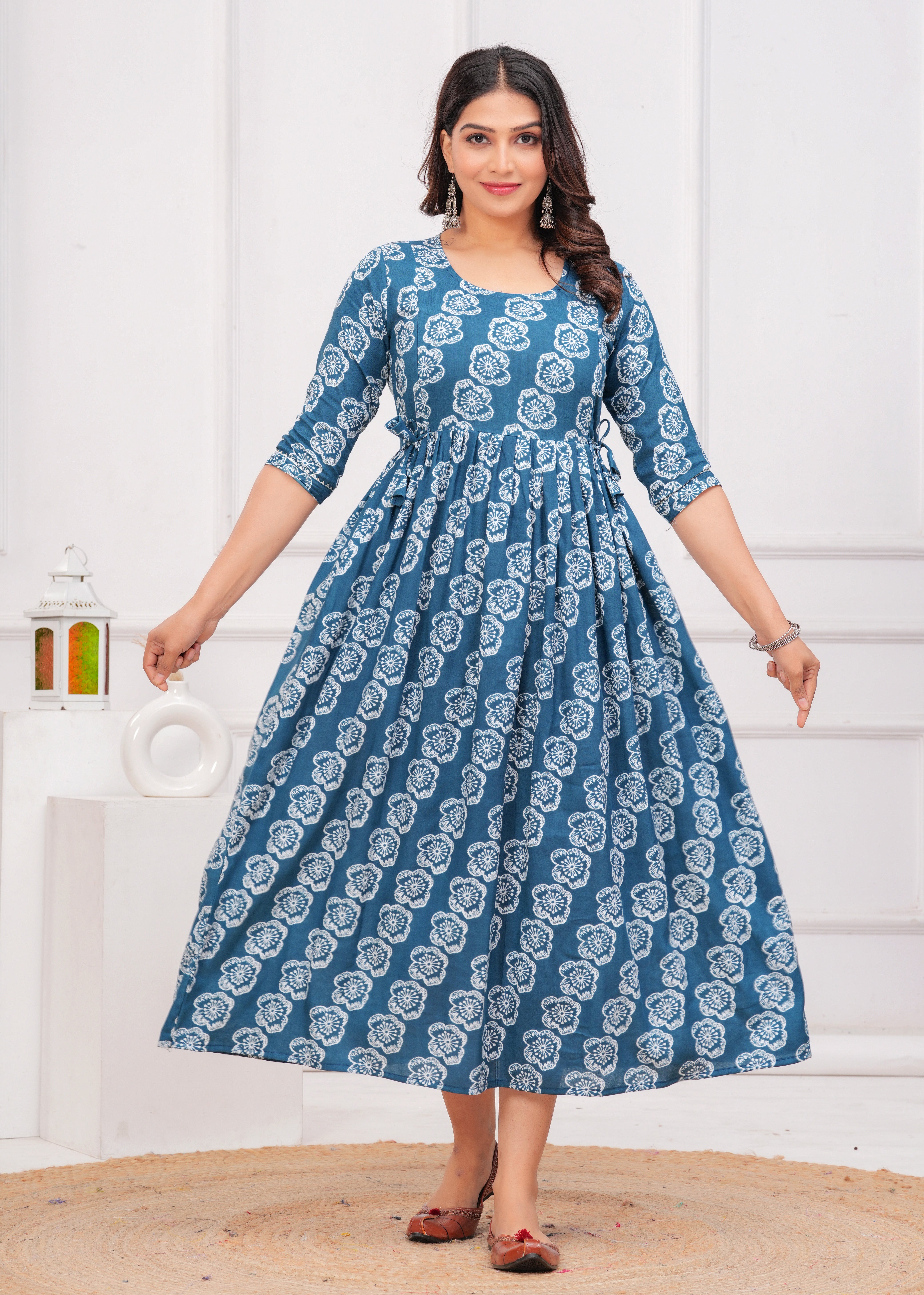 Teal Blue White Floral Printed Pure Rayon Cotton Maternity and Feeding Kurta