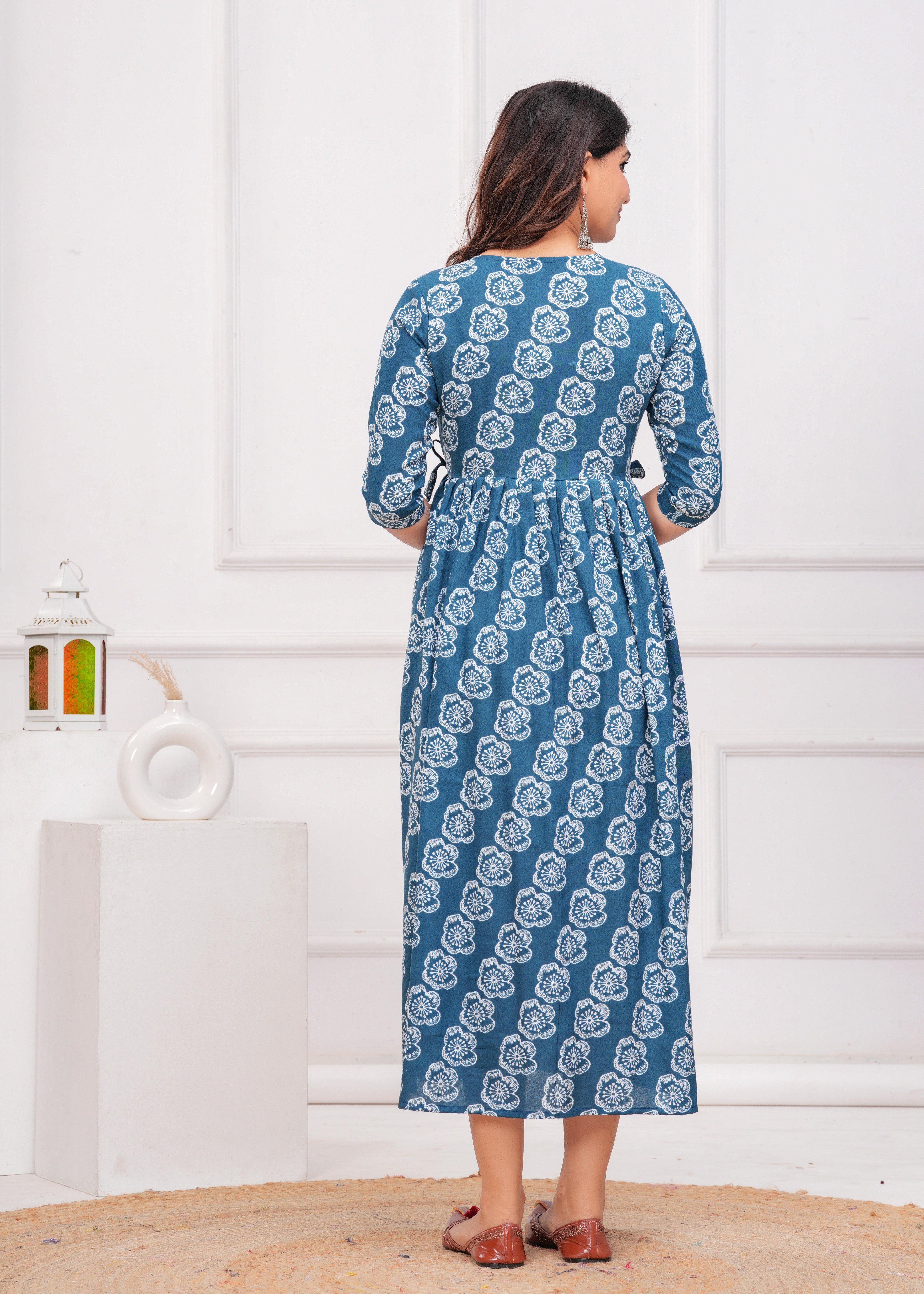 Teal Blue White Floral Printed Pure Rayon Cotton Maternity and Feeding Kurta
