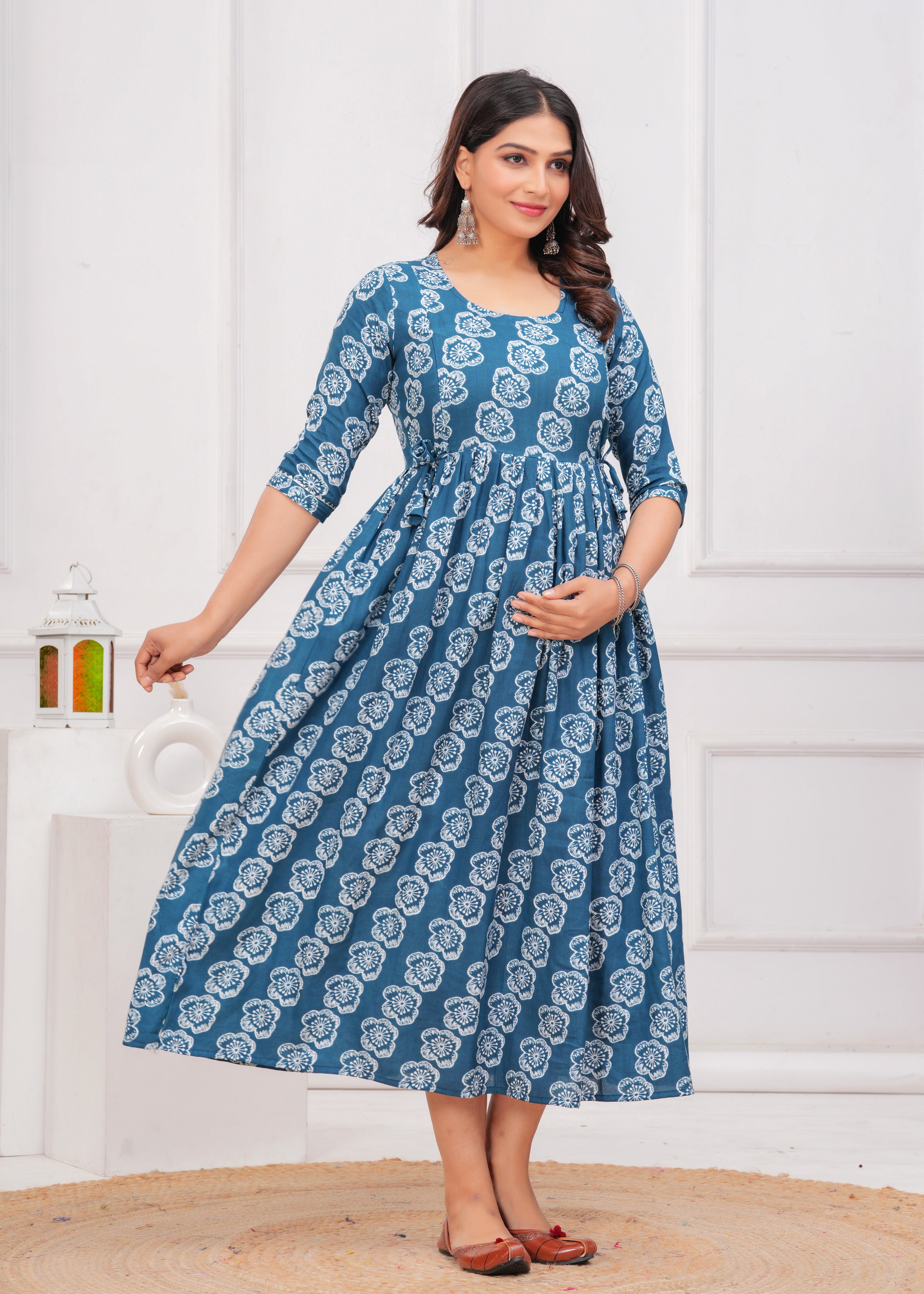 Teal Blue White Floral Printed Pure Rayon Cotton Maternity and Feeding Kurta