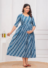 Teal Blue White Floral Printed Pure Rayon Cotton Maternity and Feeding Kurta