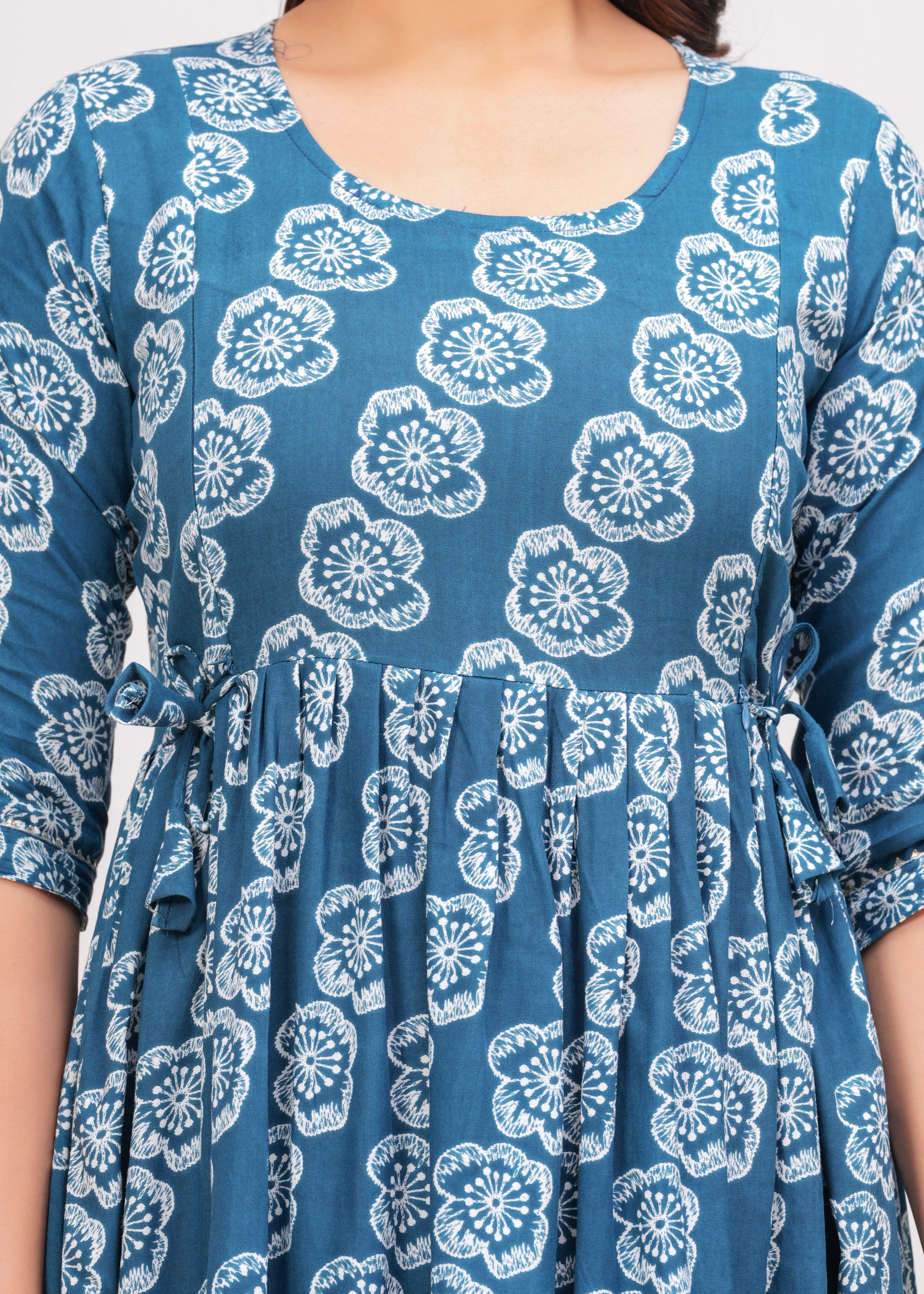 Teal Blue White Floral Printed Pure Rayon Cotton Maternity and Feeding Kurta