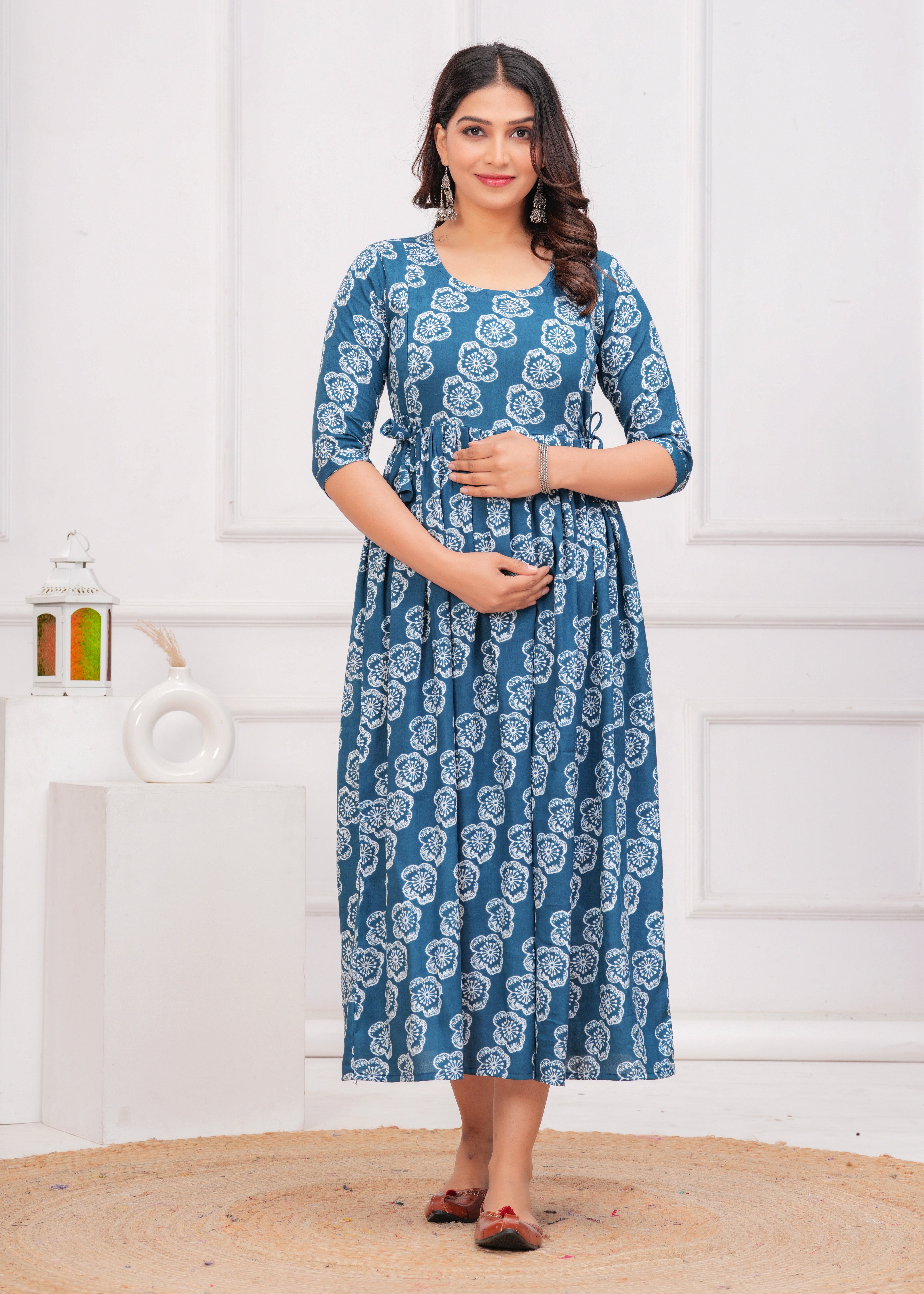 Teal Blue White Floral Printed Pure Rayon Cotton Maternity and Feeding Kurta