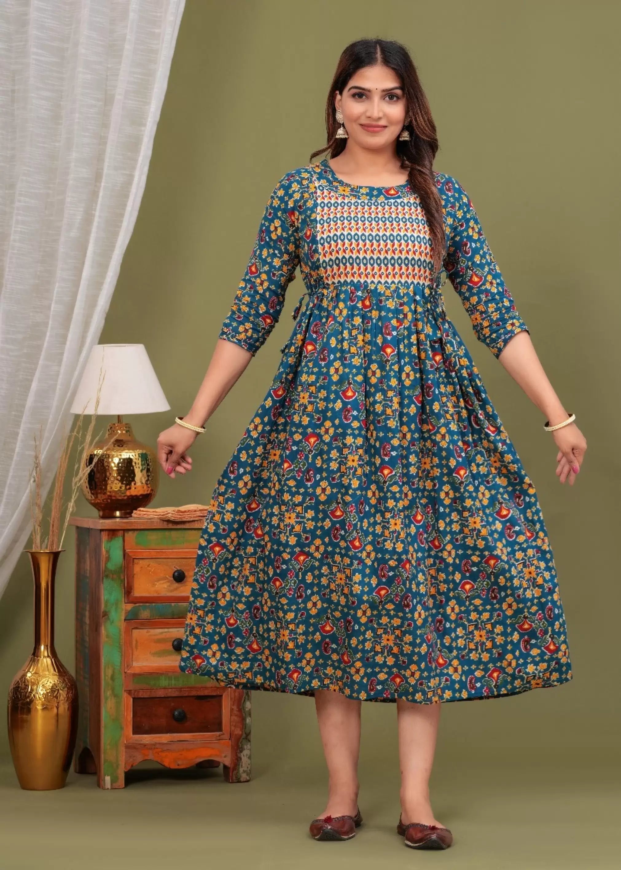 Teal Green Printed Pure Rayon Cotton Maternity and Feeding Kurta