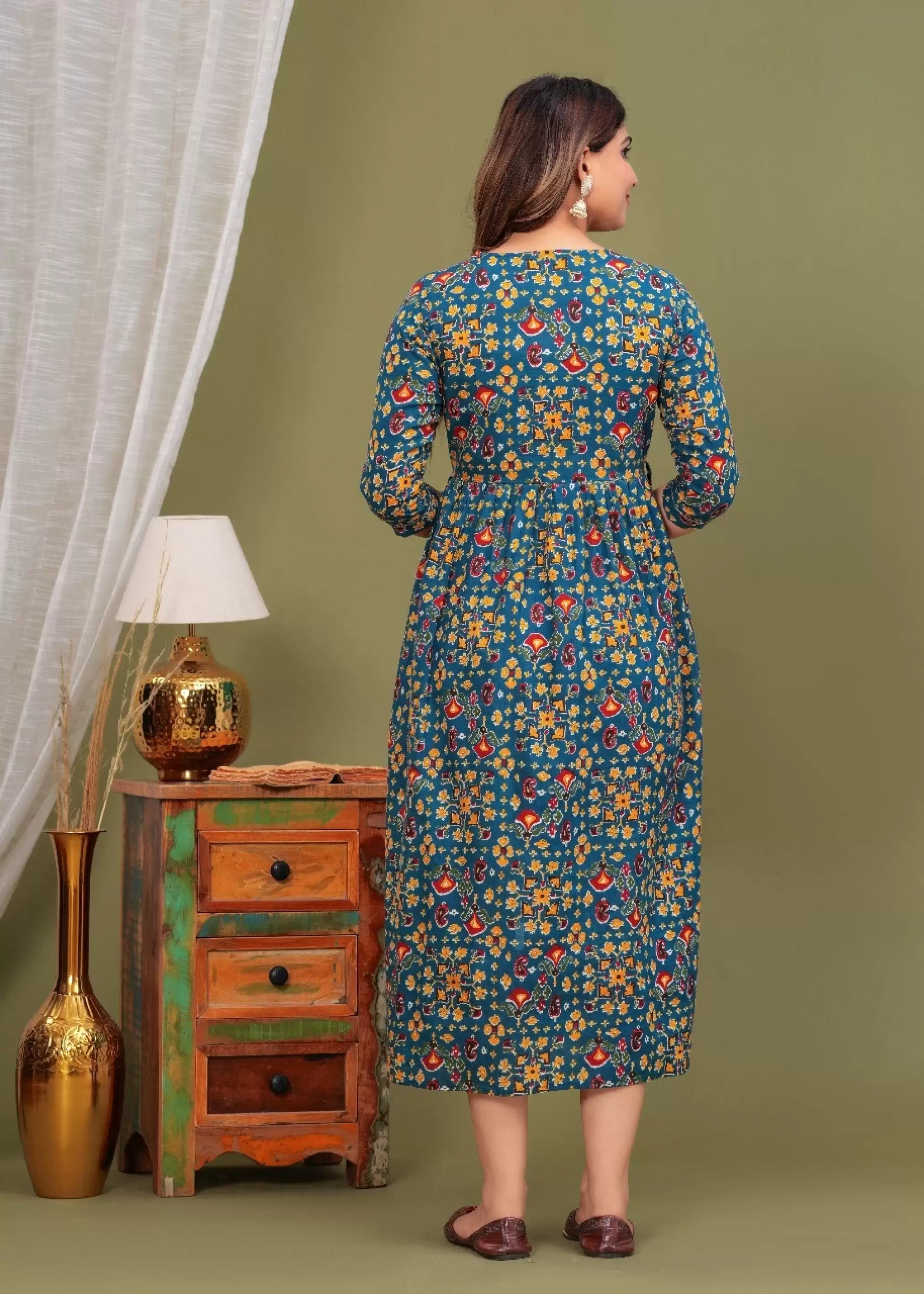 Teal Green Printed Pure Rayon Cotton Maternity and Feeding Kurta