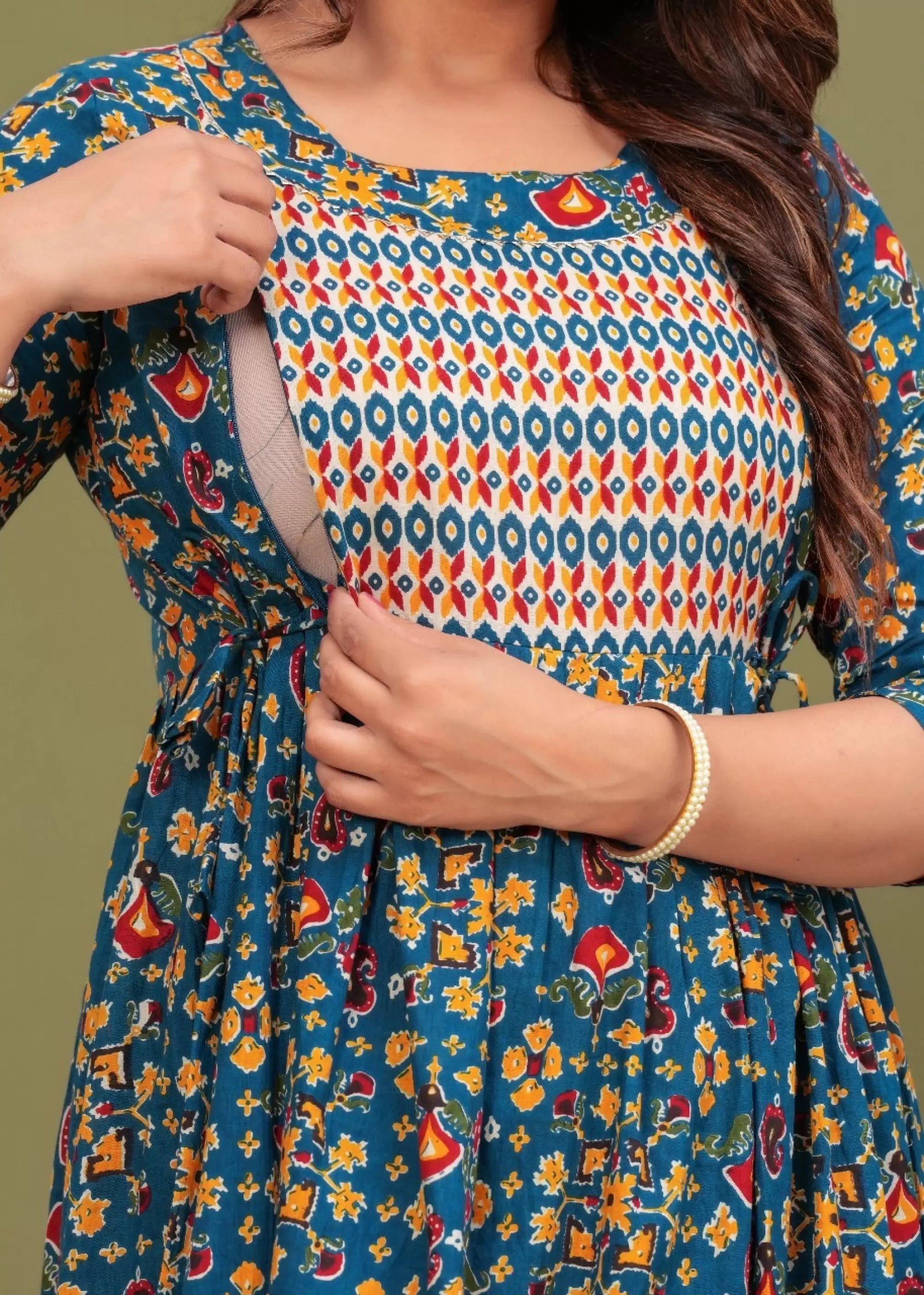 Teal Green Printed Pure Rayon Cotton Maternity and Feeding Kurta