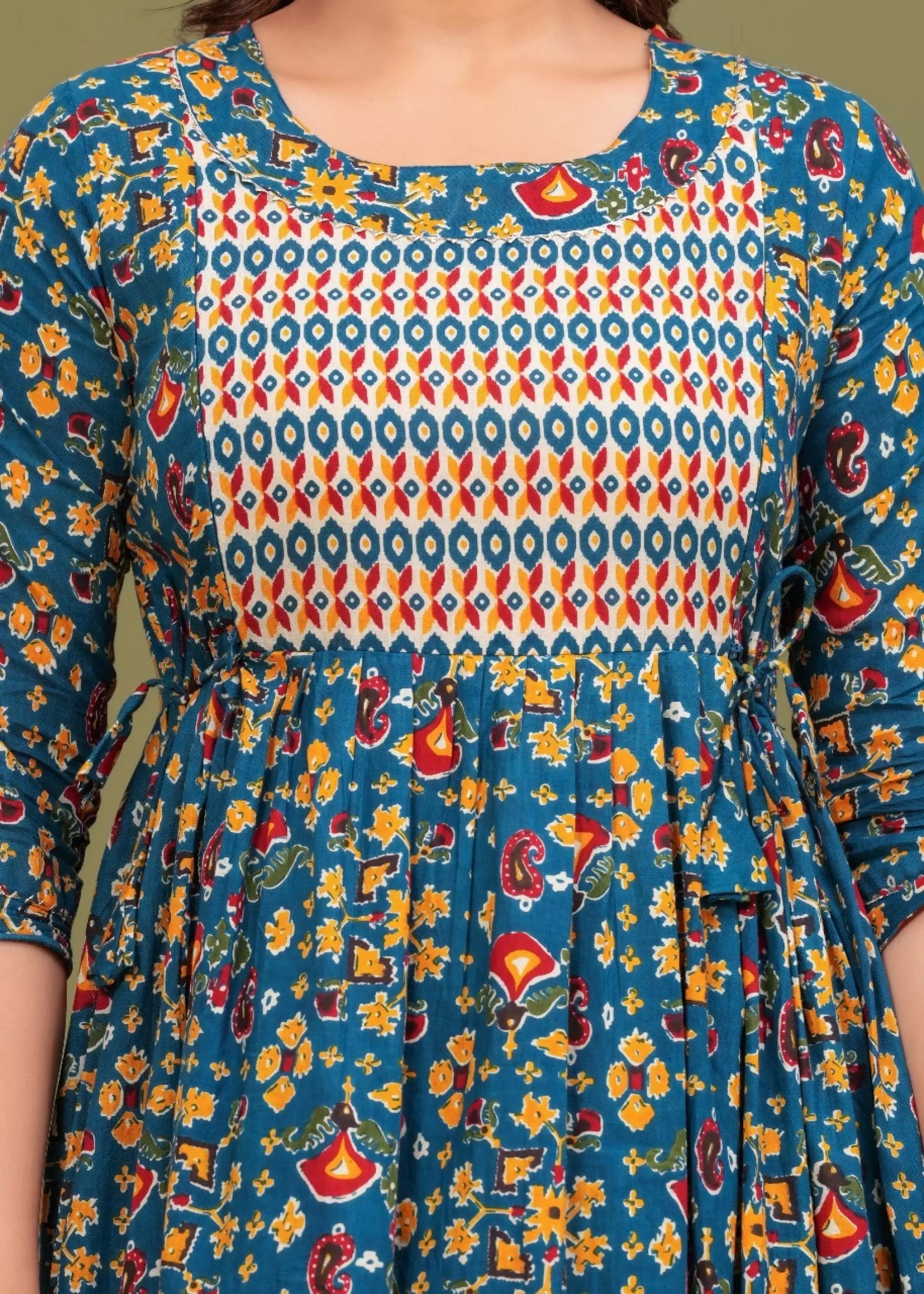 Teal Green Printed Pure Rayon Cotton Maternity and Feeding Kurta
