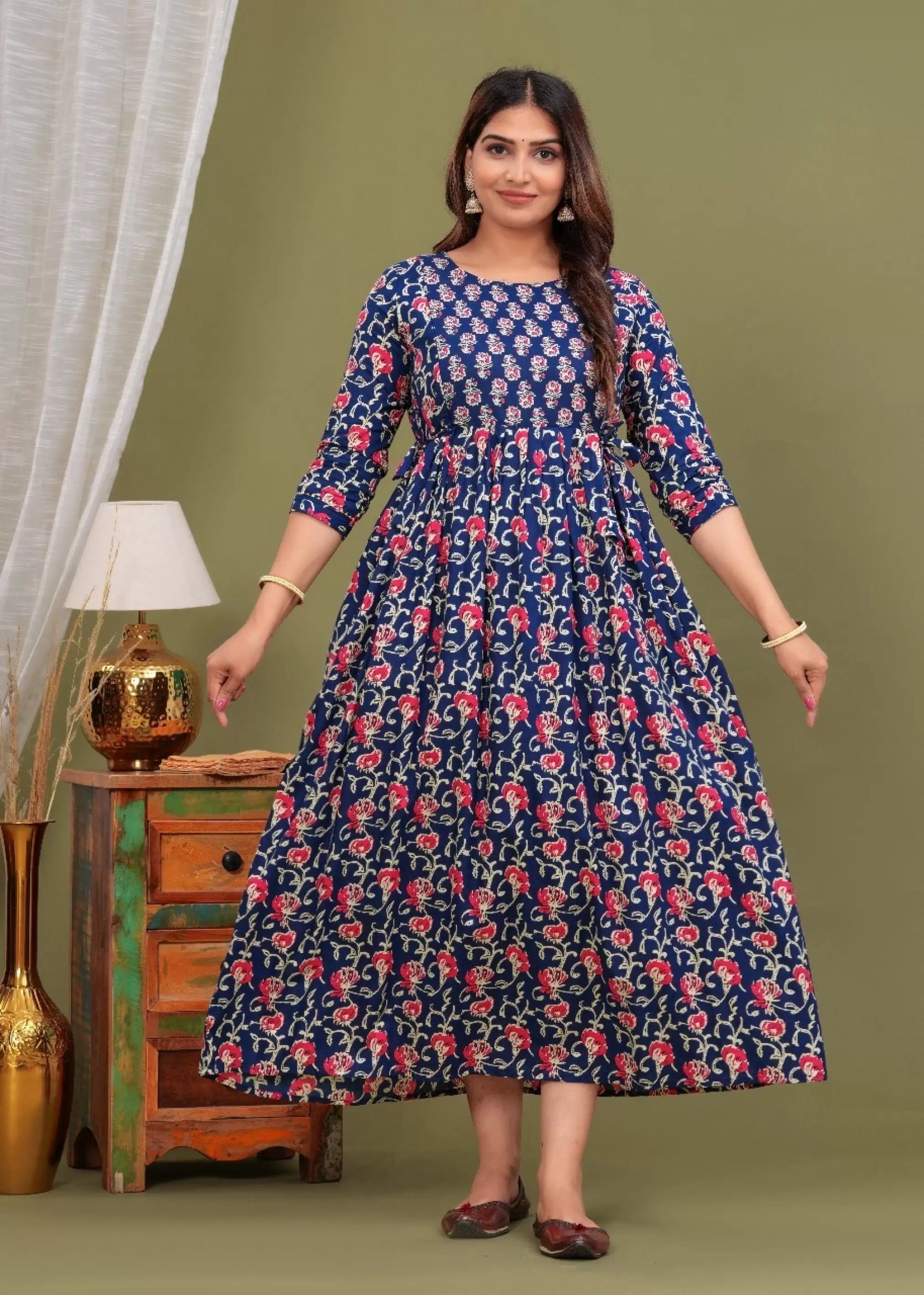 Navy Blue Red Floral Printed Pure Rayon Cotton Maternity and Feeding Kurta