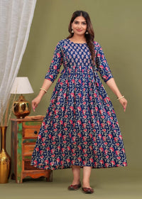 Navy Blue Red Floral Printed Pure Rayon Cotton Maternity and Feeding Kurta
