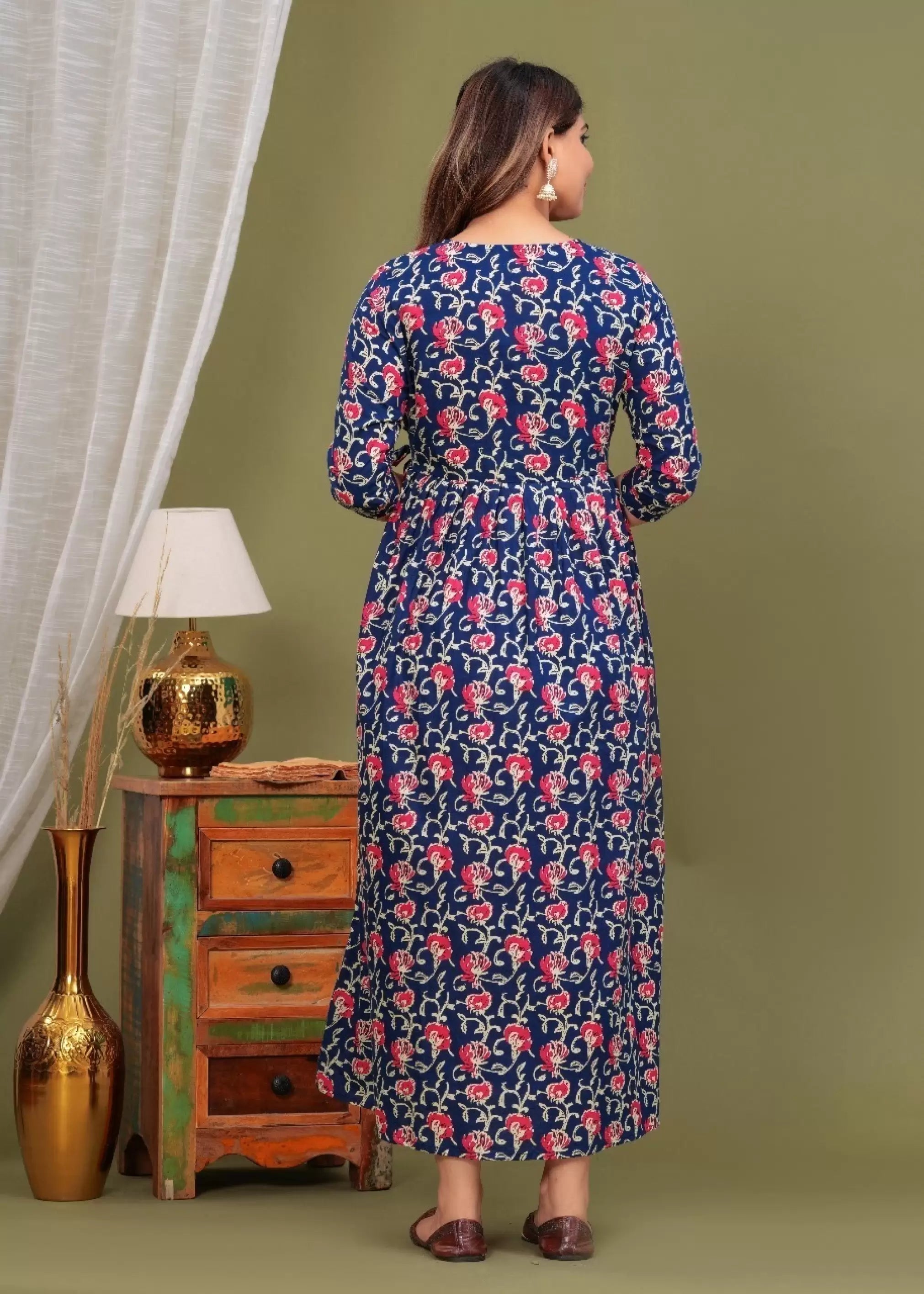 Navy Blue Red Floral Printed Pure Rayon Cotton Maternity and Feeding Kurta