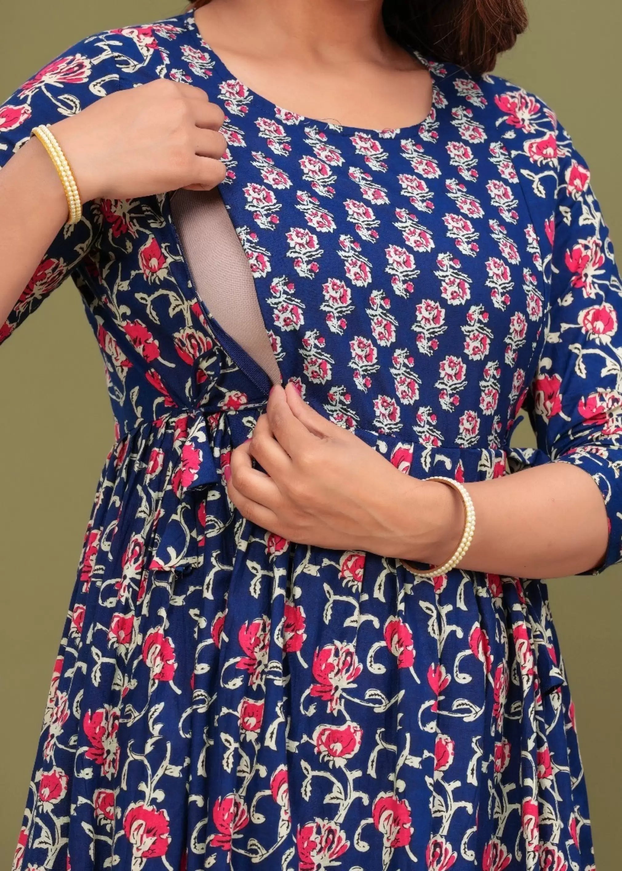 Navy Blue Red Floral Printed Pure Rayon Cotton Maternity and Feeding Kurta