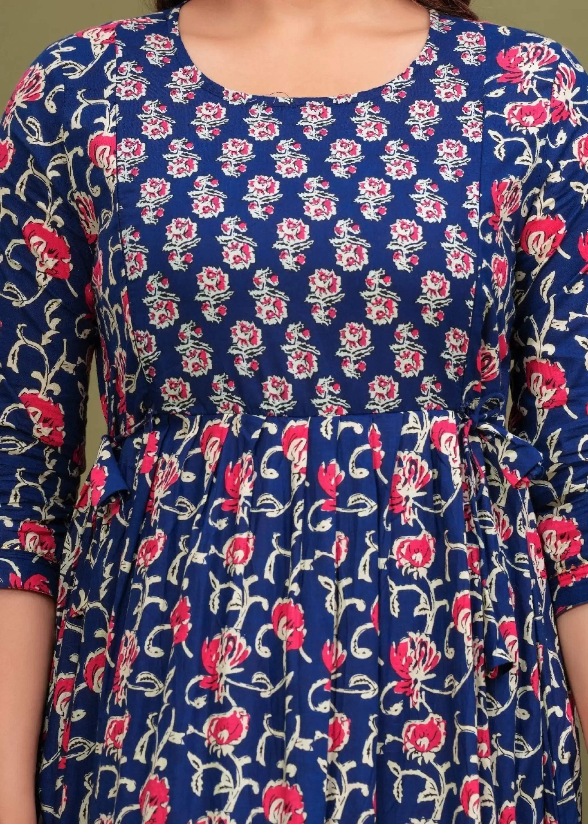 Navy Blue Red Floral Printed Pure Rayon Cotton Maternity and Feeding Kurta