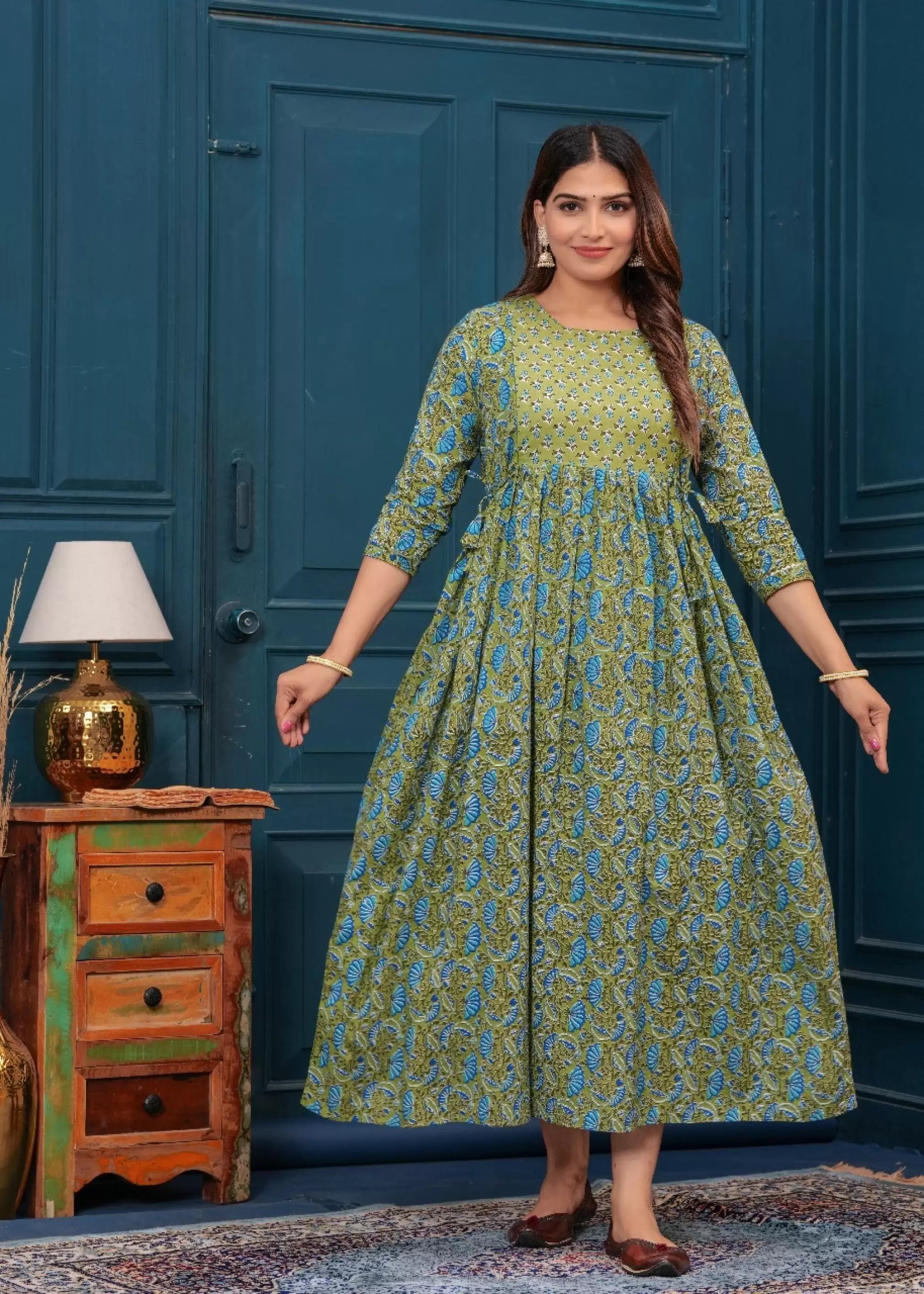 Olive Green Printed Pure Rayon Cotton Maternity and Feeding Kurta