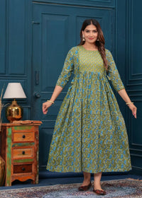 Olive Green Printed Pure Rayon Cotton Maternity and Feeding Kurta