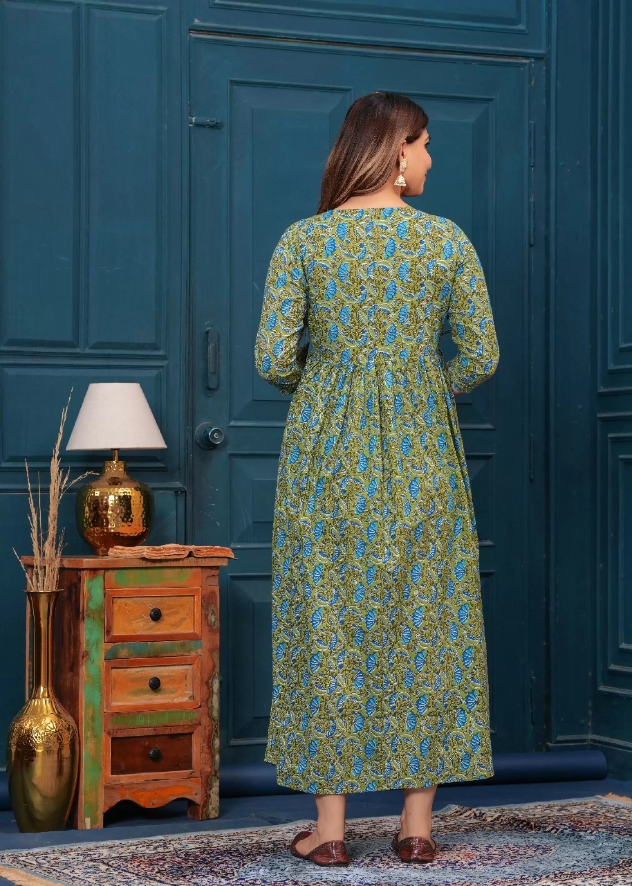 Olive Green Printed Pure Rayon Cotton Maternity and Feeding Kurta